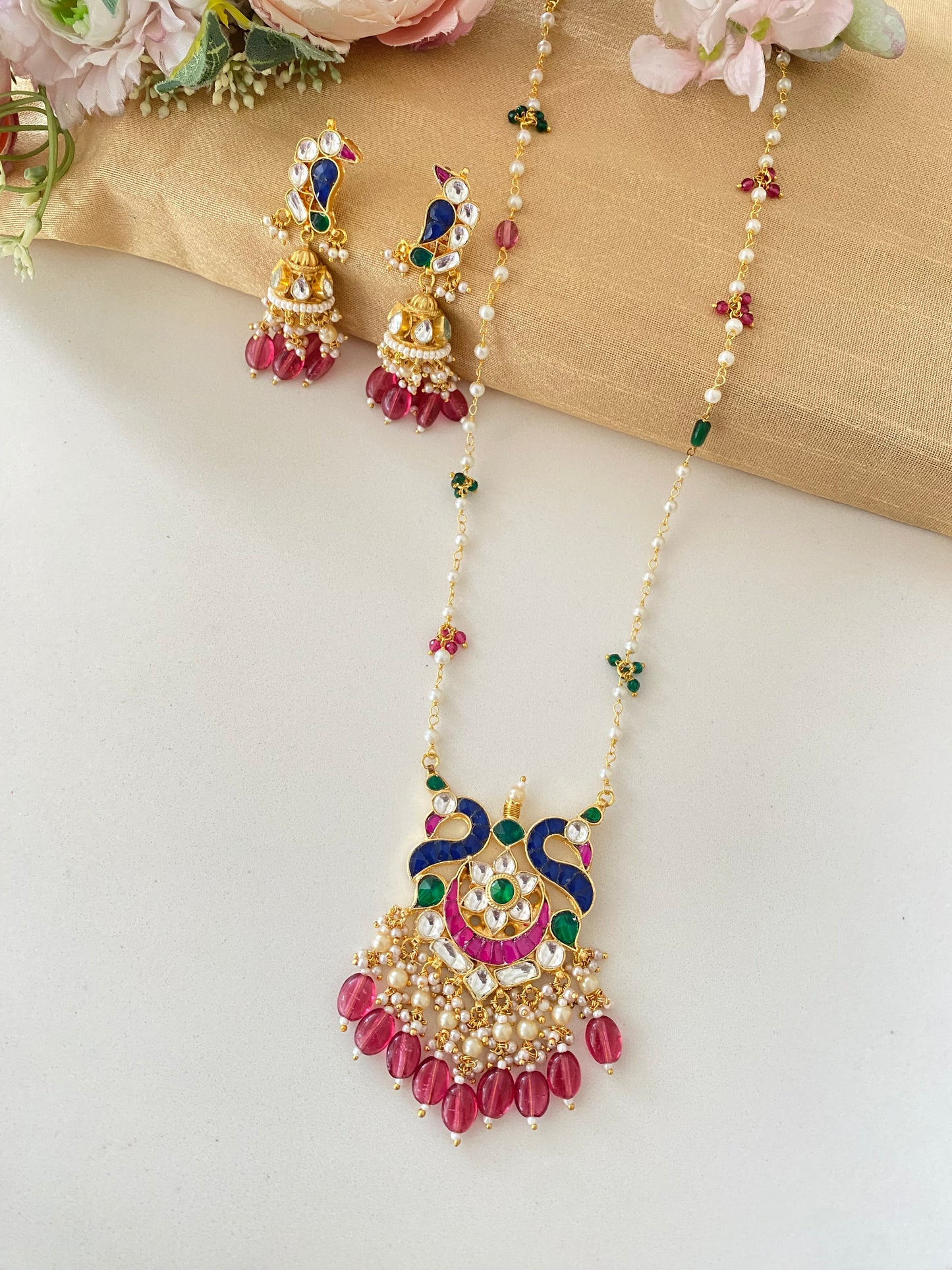 Pink Green Kundan Long set