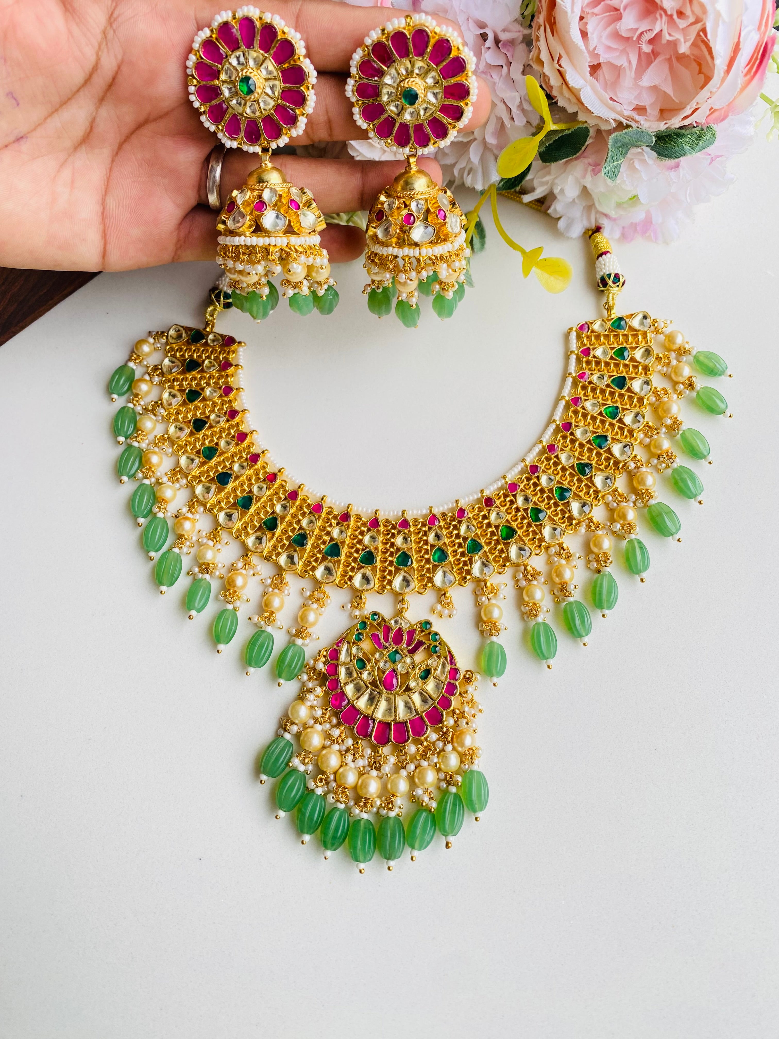 Kundan Gold plated Necklace Set in Mint Drops