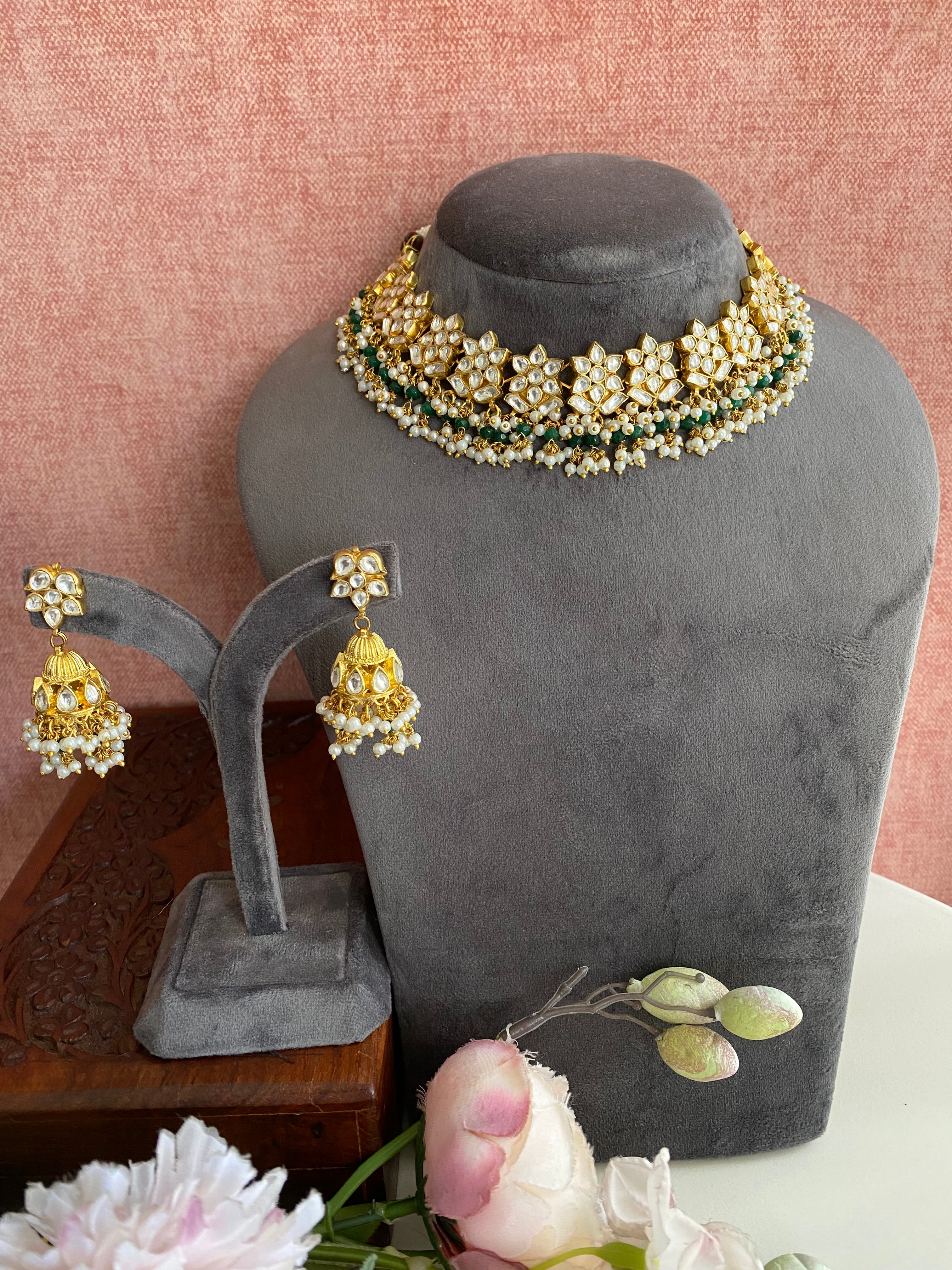 Kundan Necklace Set in Mint drops