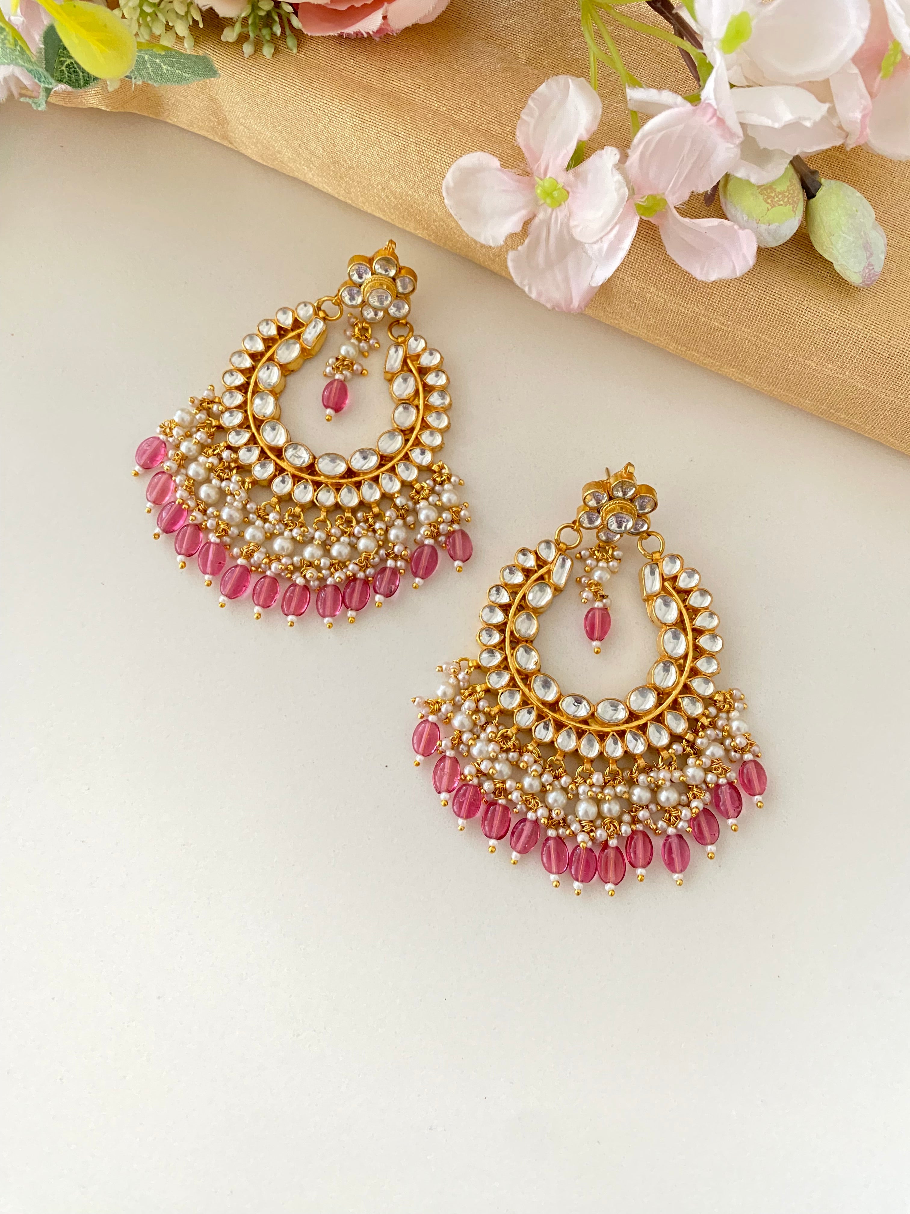 Gold Plated Kundan Earring in pink drops