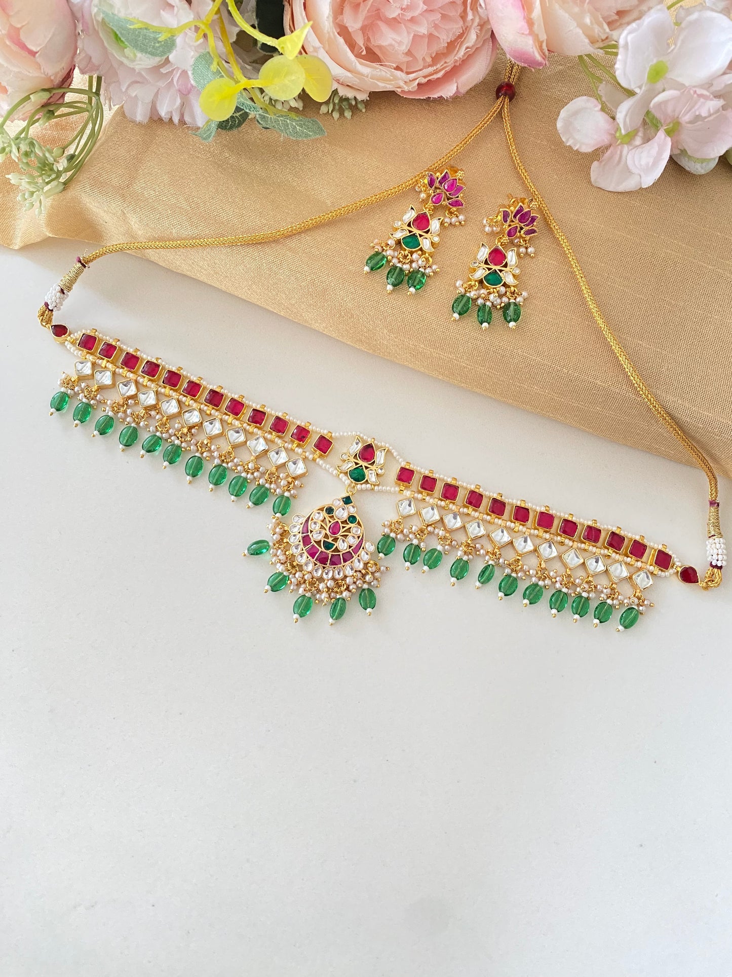 Pink Kundan Choker Set in Green Drops