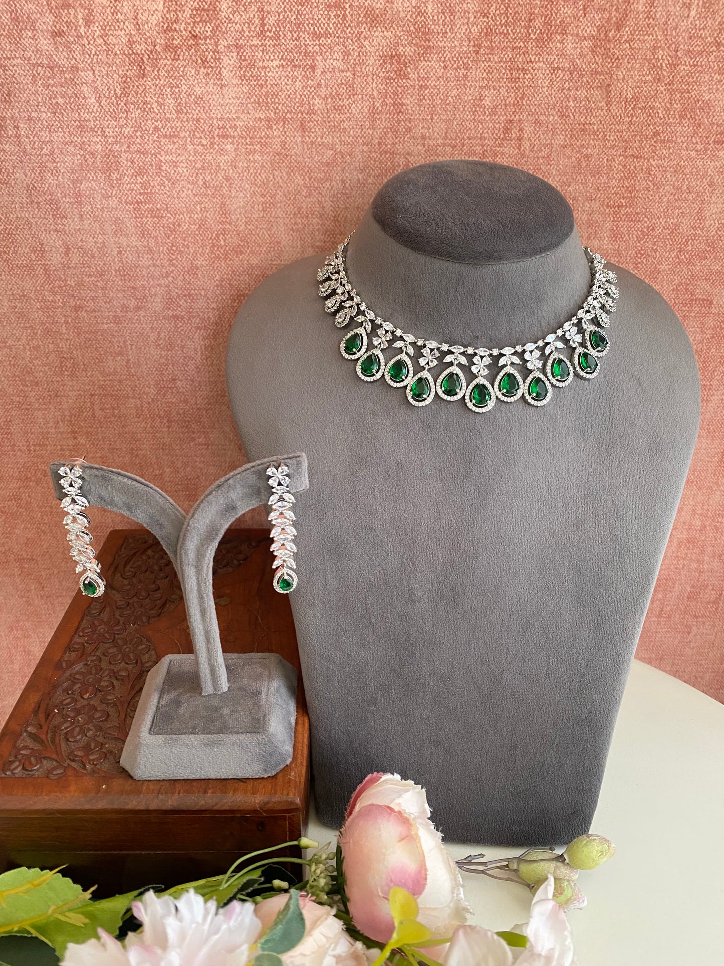 Silver Plated Emerald Diamond Necklace set