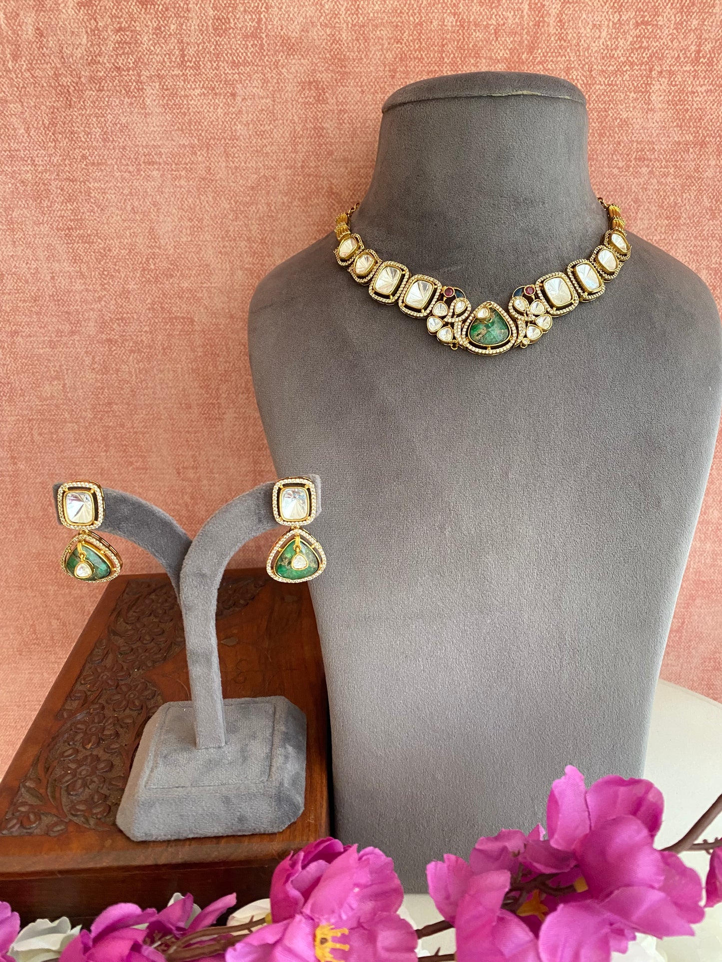 Gold plated Mossanite Green Necklace Set