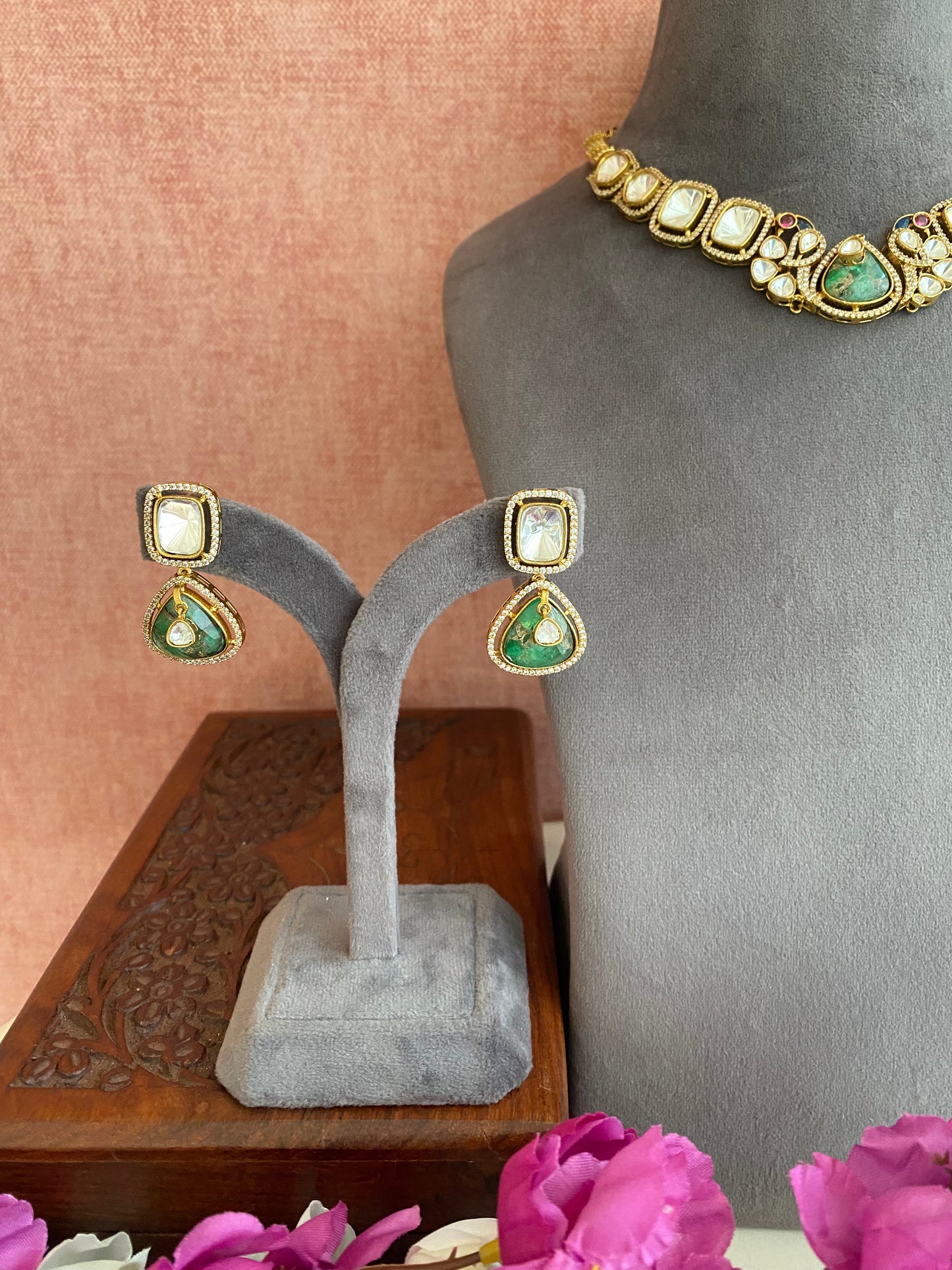 Gold plated Mossanite Green Necklace Set