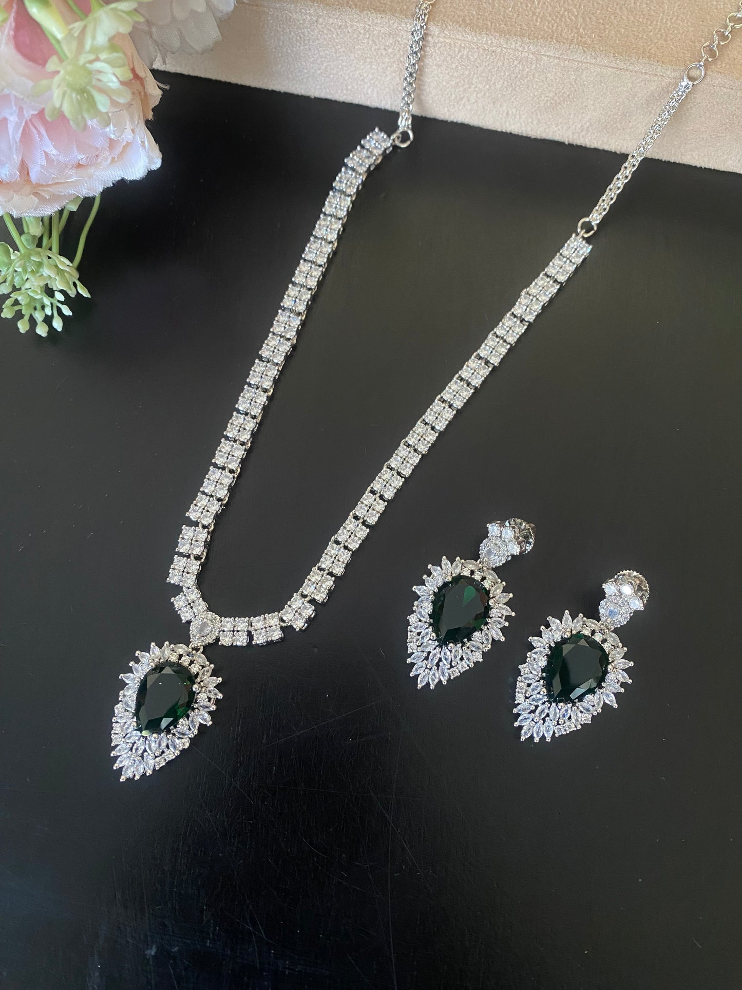 Emerald Diamond Long Necklace set