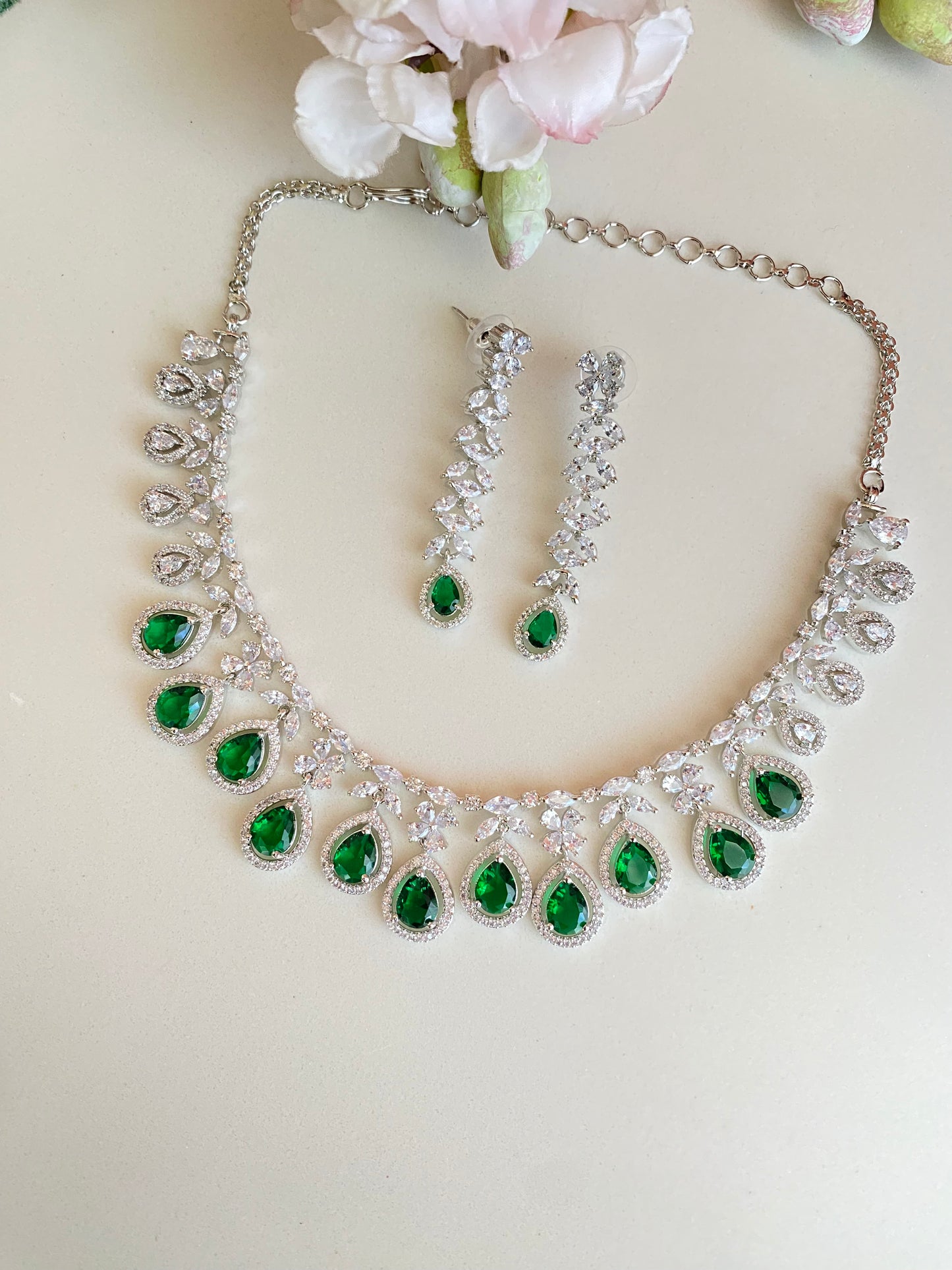 Silver Plated Emerald Diamond Necklace set