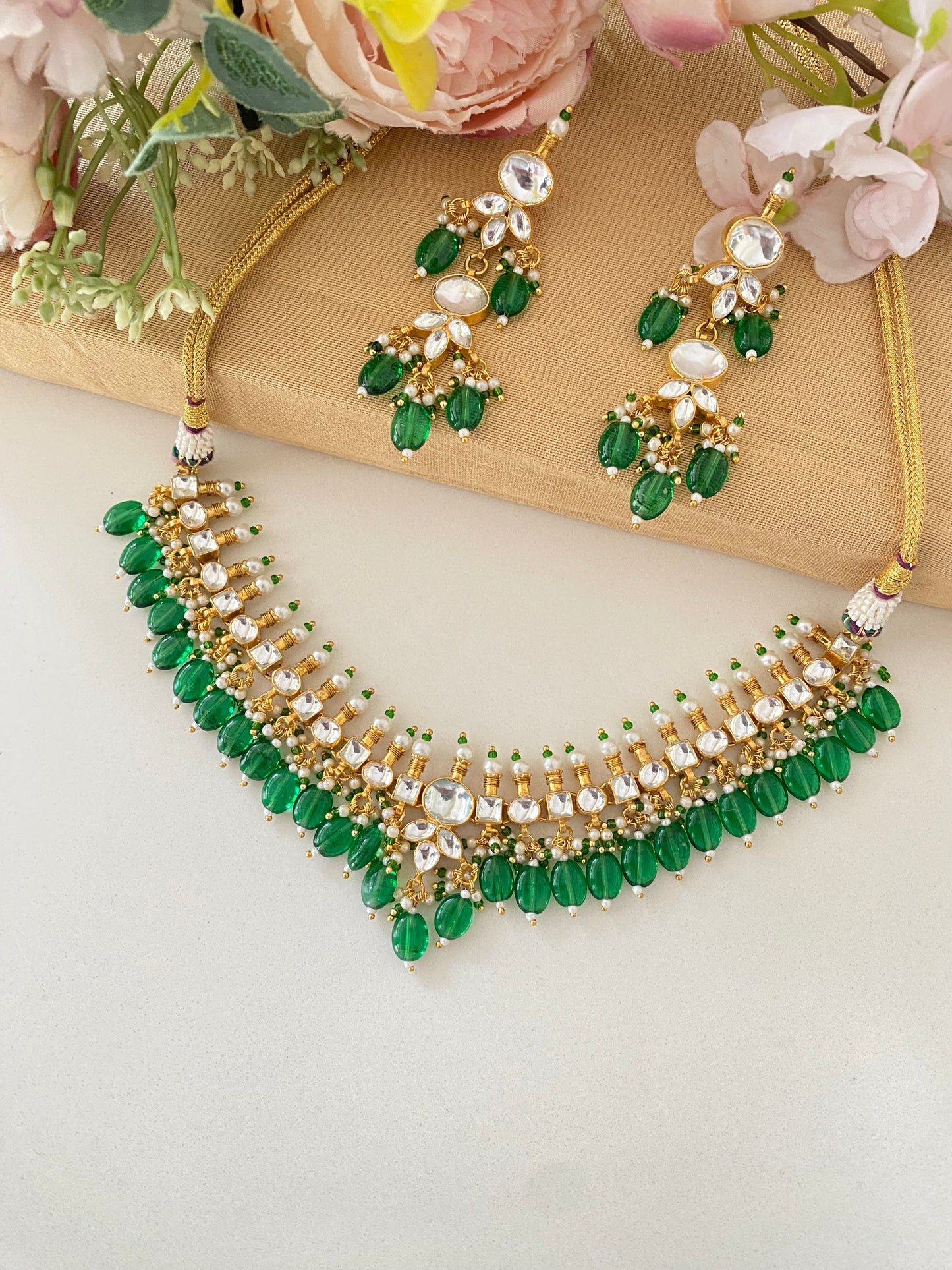 Kundan Necklace Set in green drops