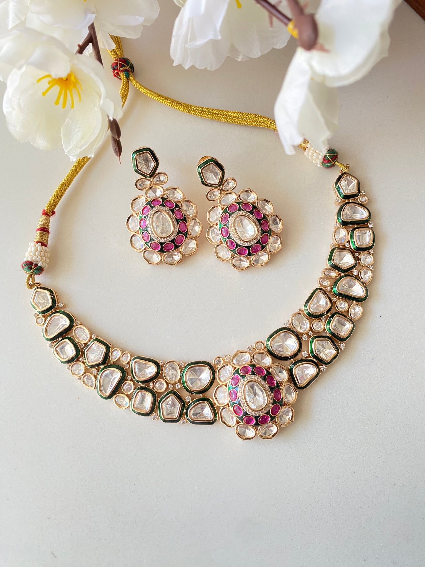 Faux Polki Pink Necklace Set