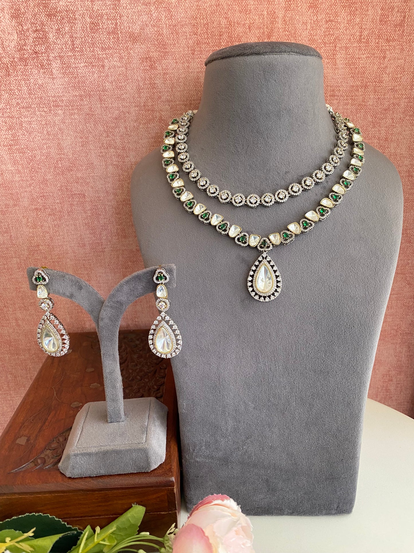 Silver Plated Emerald Diamond Necklace set