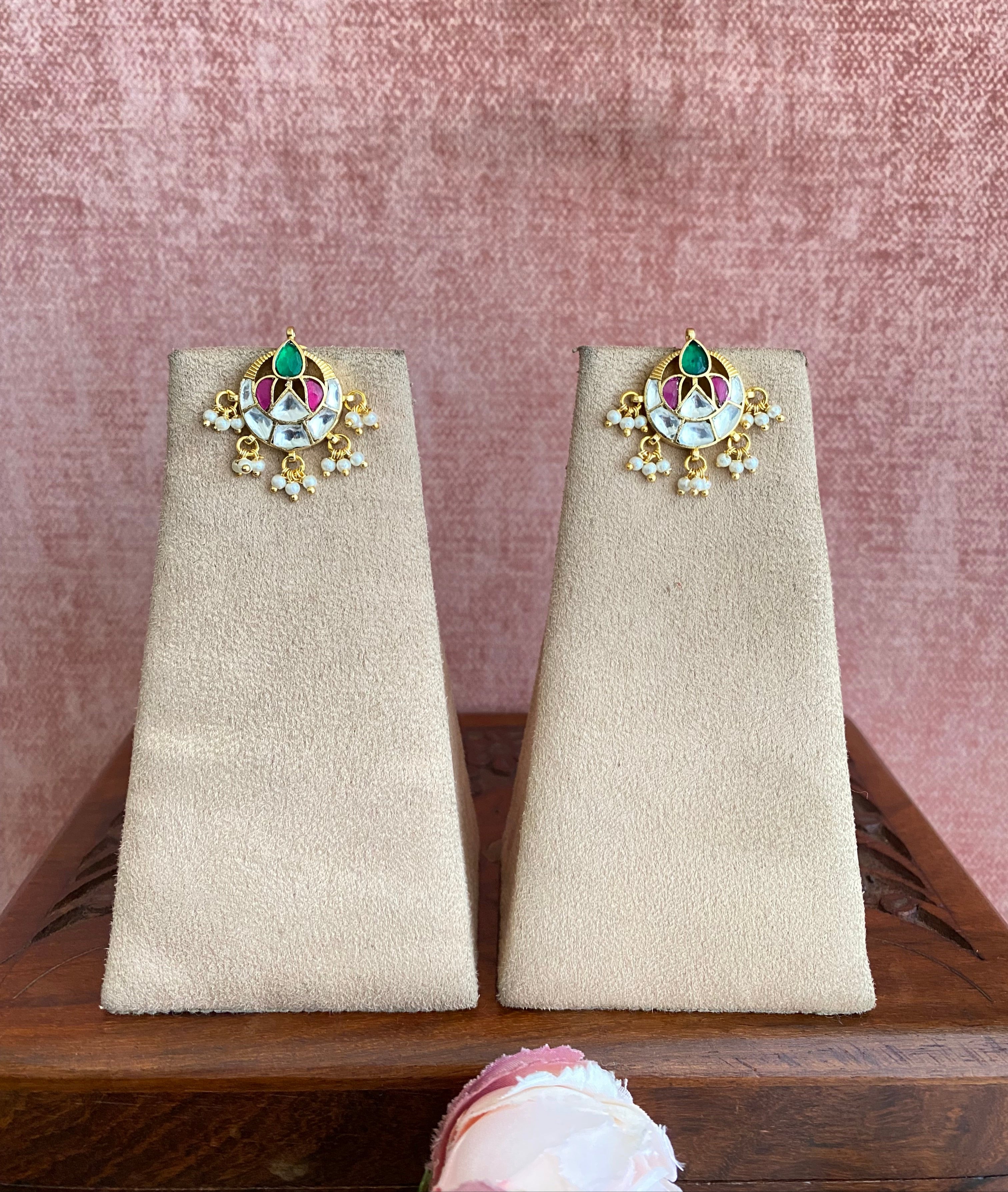 Gold plated green and pink Kundan studs in pearl