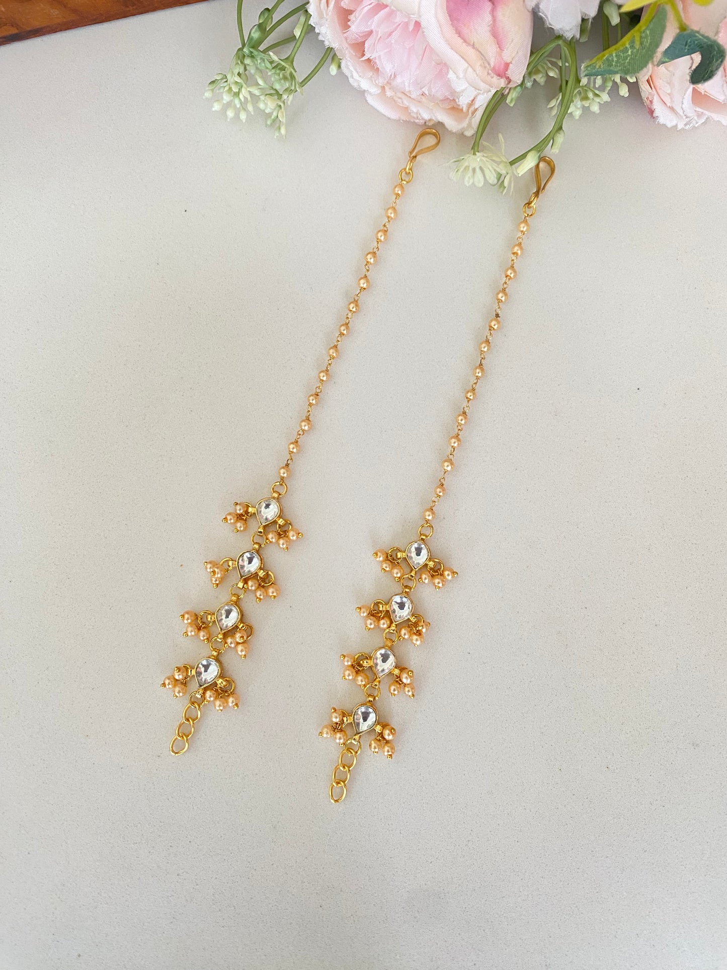 Gold plated Kundan Ear Chain in golden pearl