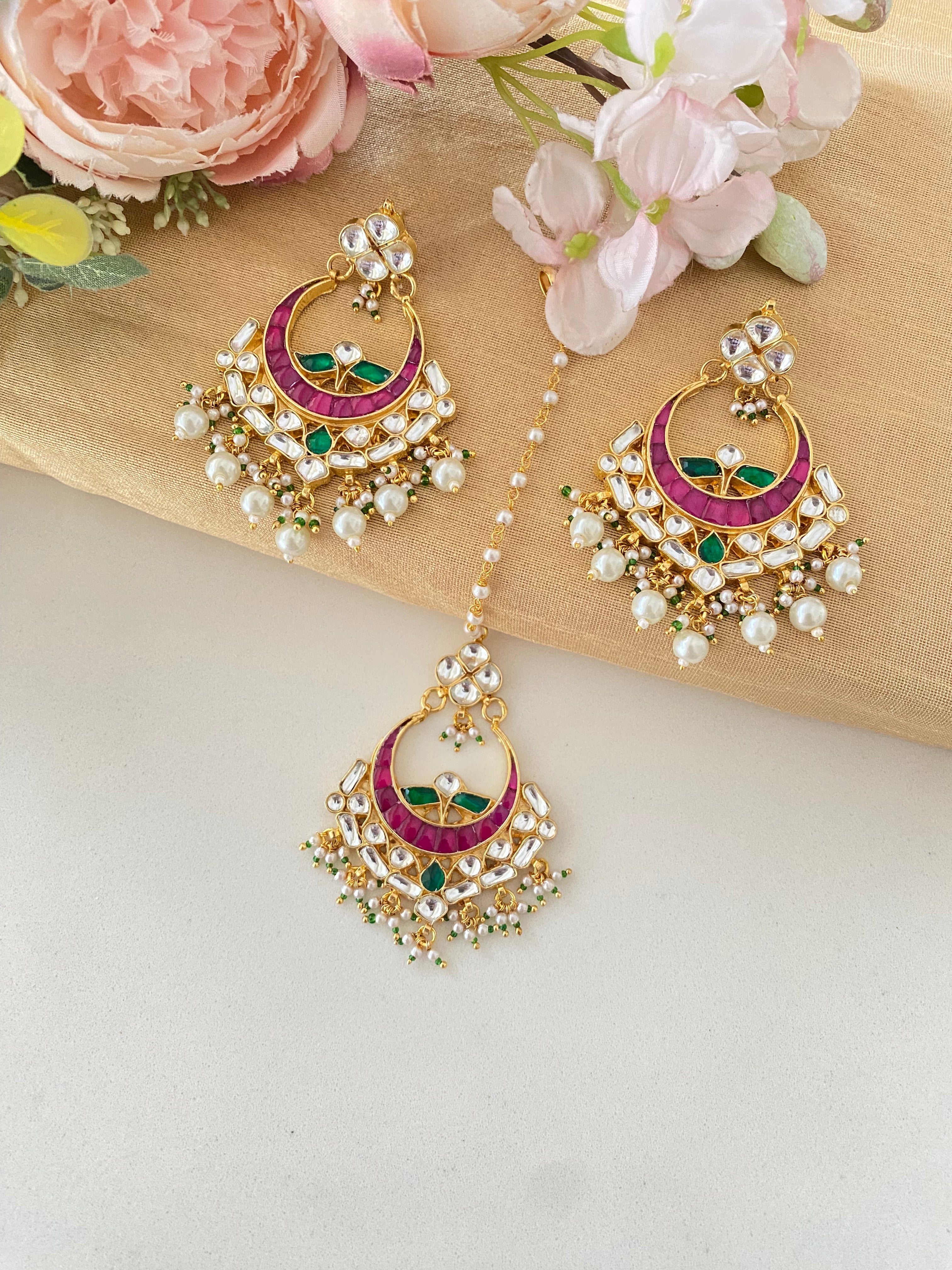 Gold Plated Kundan Earring with tikka in pearl