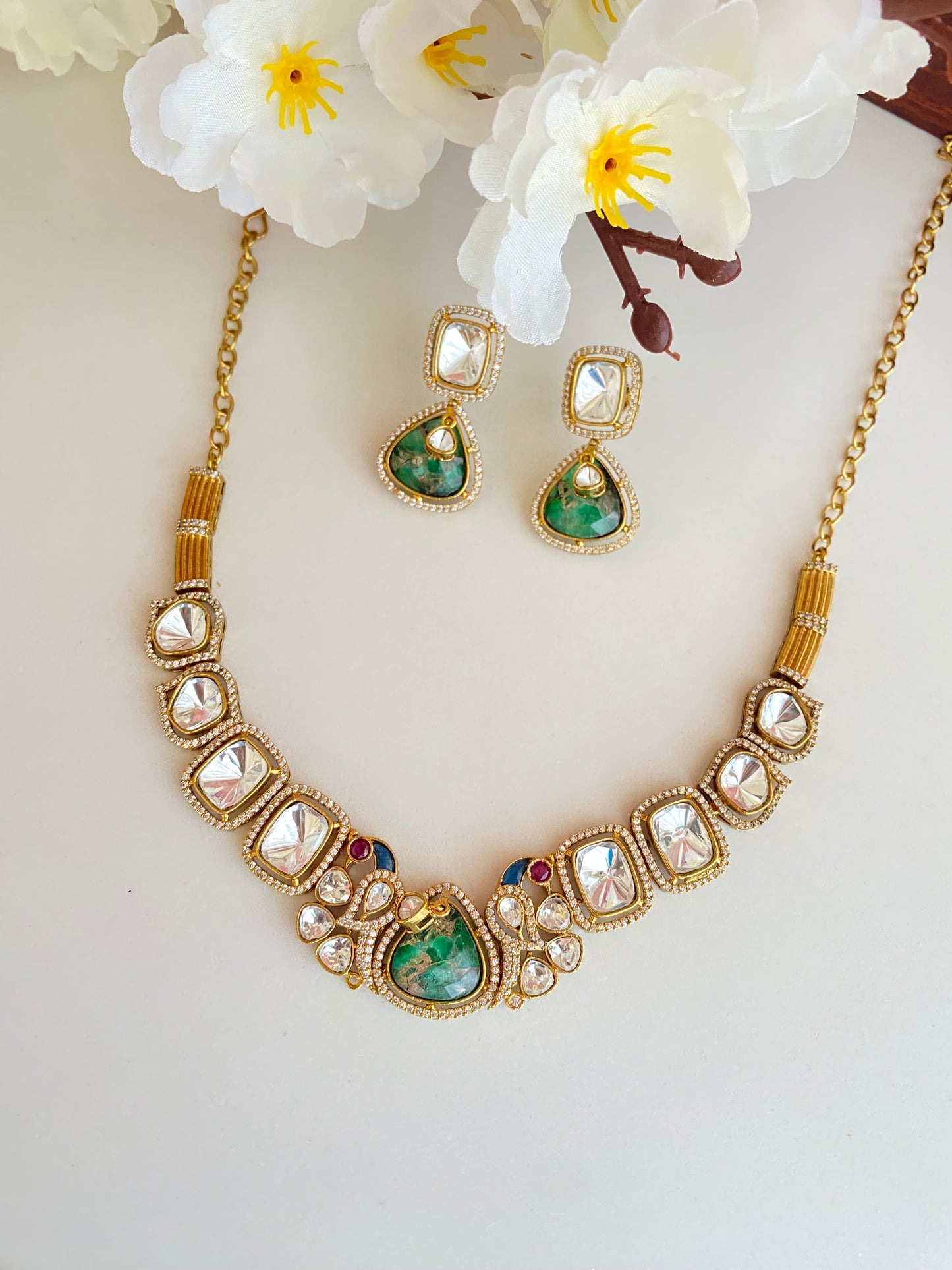 Gold plated Mossanite Green Necklace Set