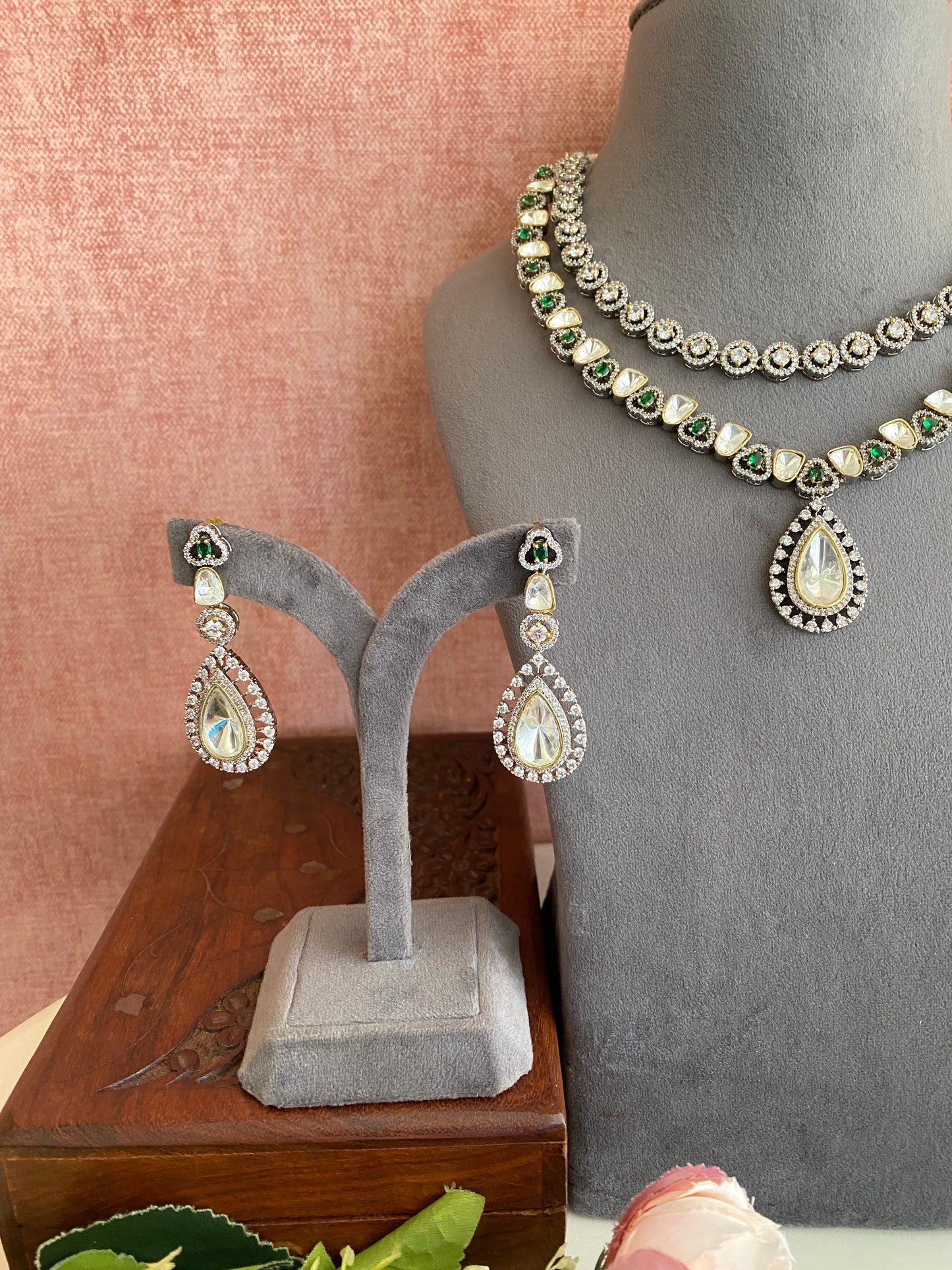 Silver Plated Emerald Diamond Necklace set