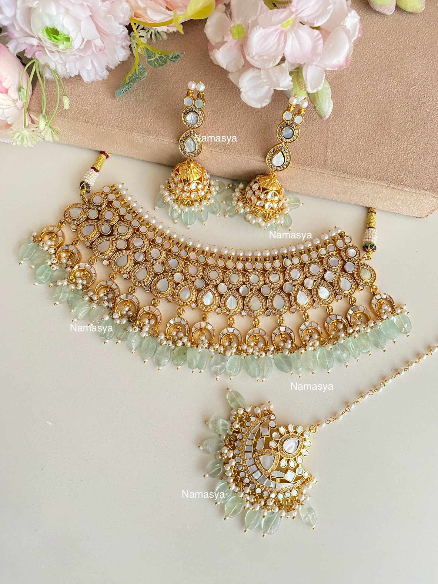 Mother of pearl Bridal set in mint drops