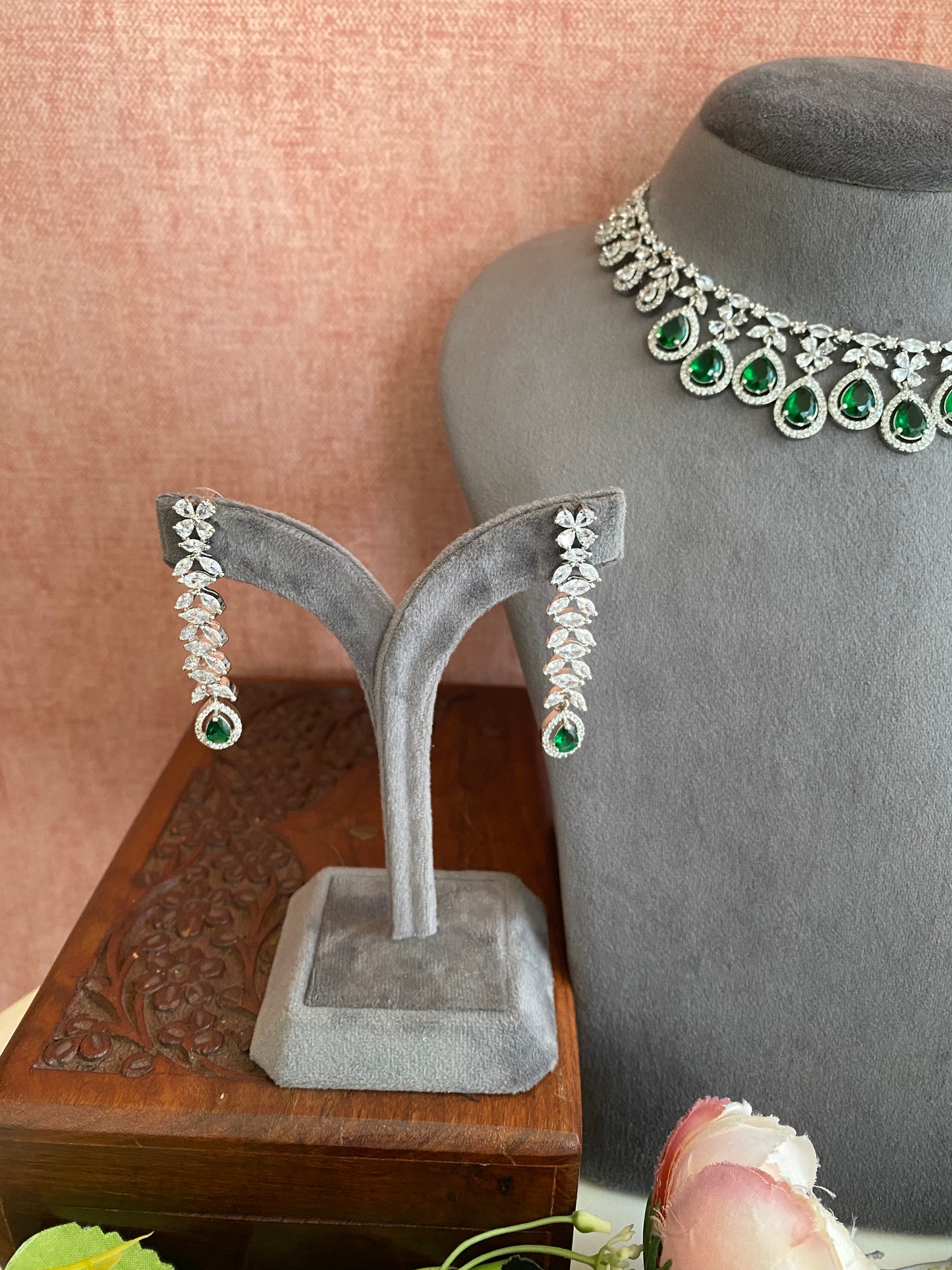 Silver Plated Emerald Diamond Necklace set