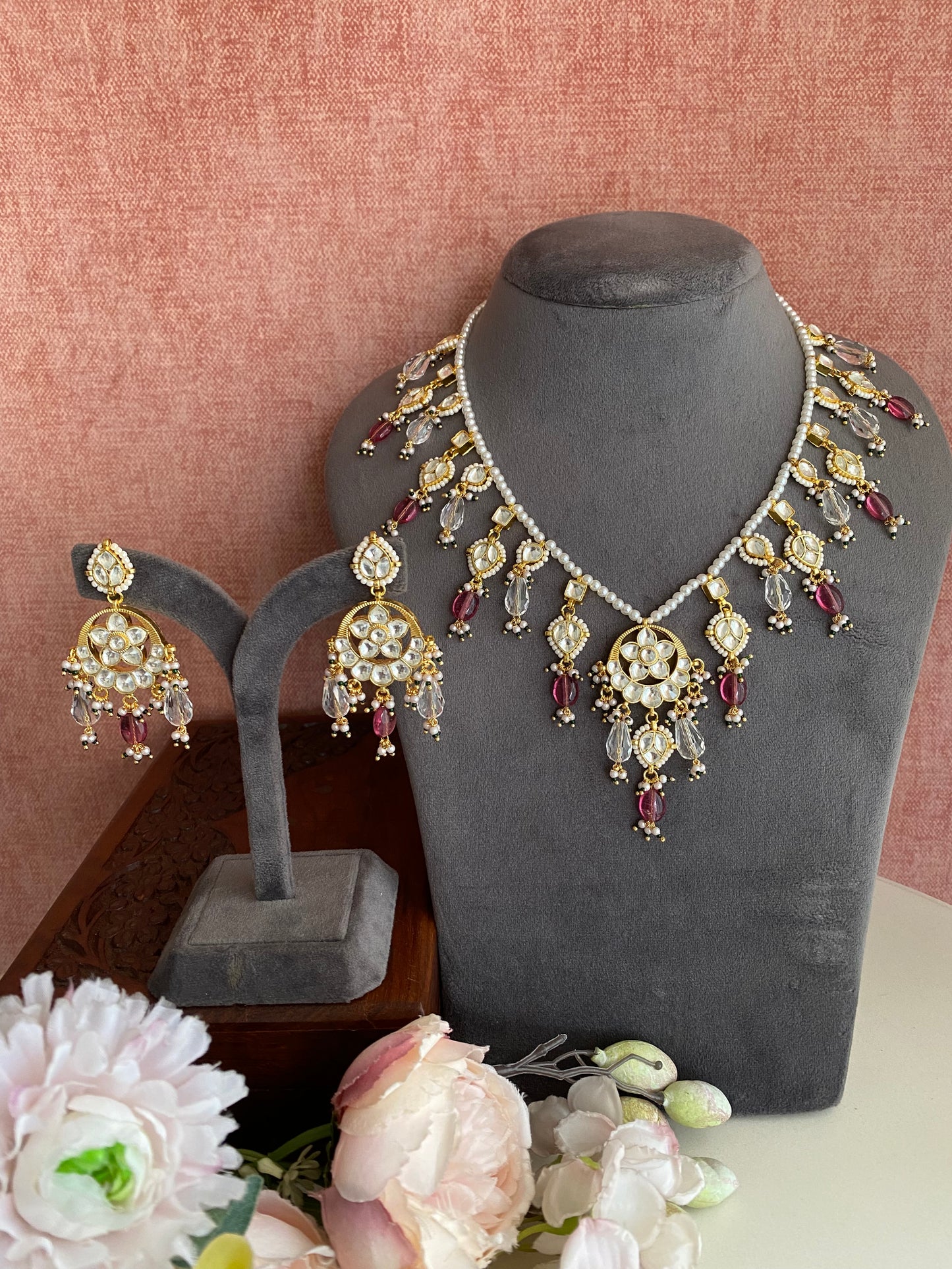 Kundan Gold plated Necklace Set in pink drops