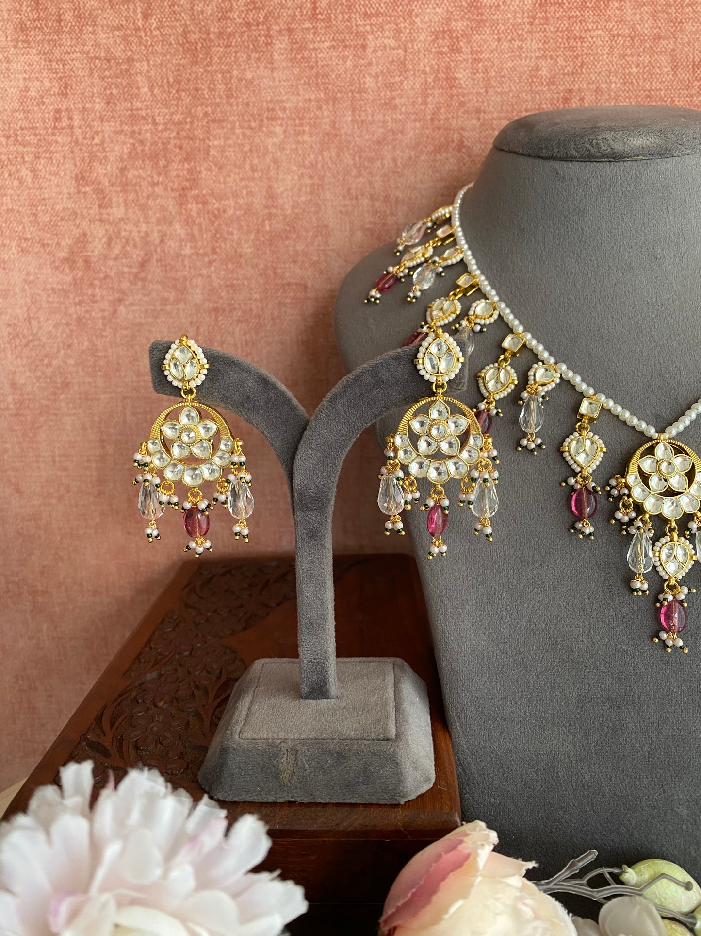 Kundan Gold plated Necklace Set in pink drops