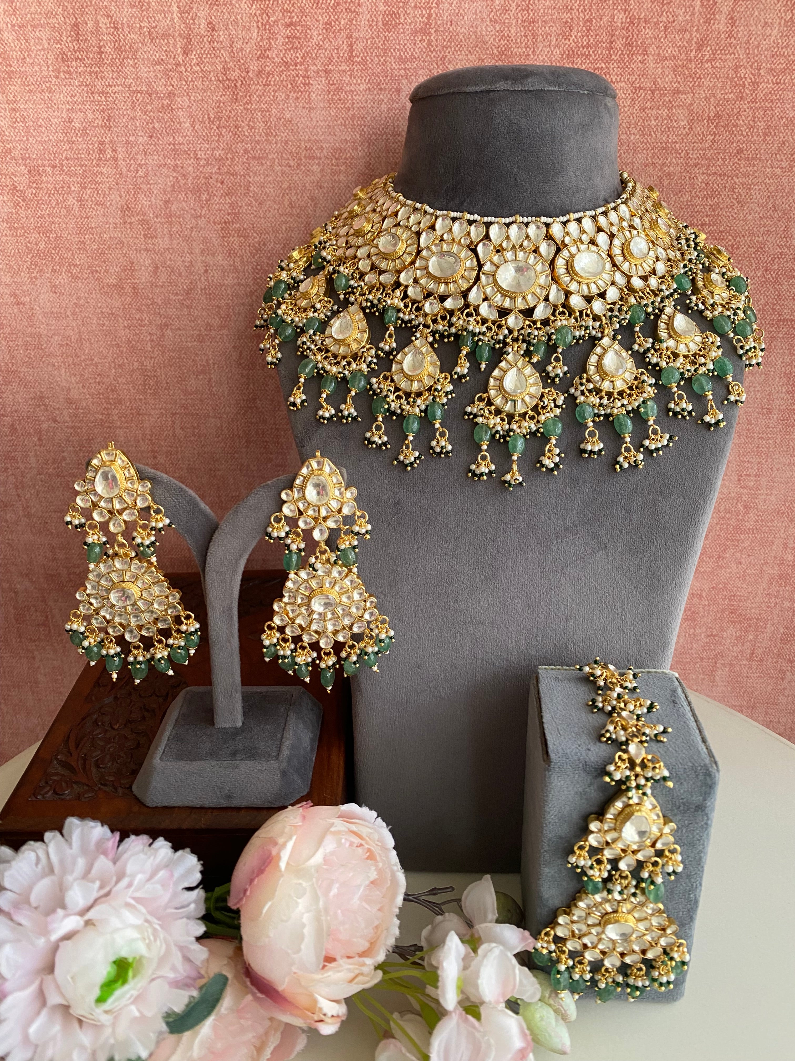 Kundan Bridal Necklace Set in Green drops