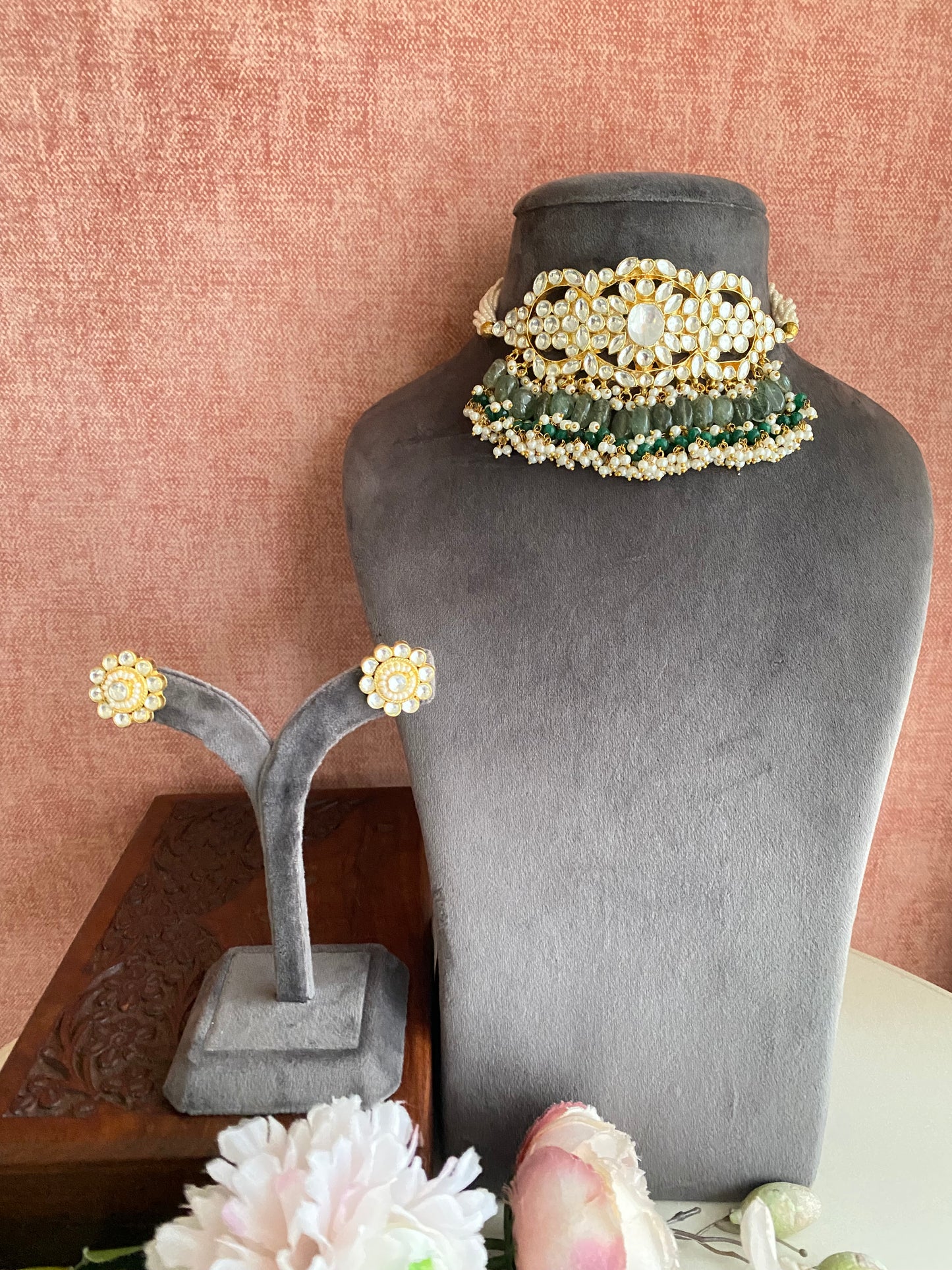 Kundan Choker Set in mint Drops