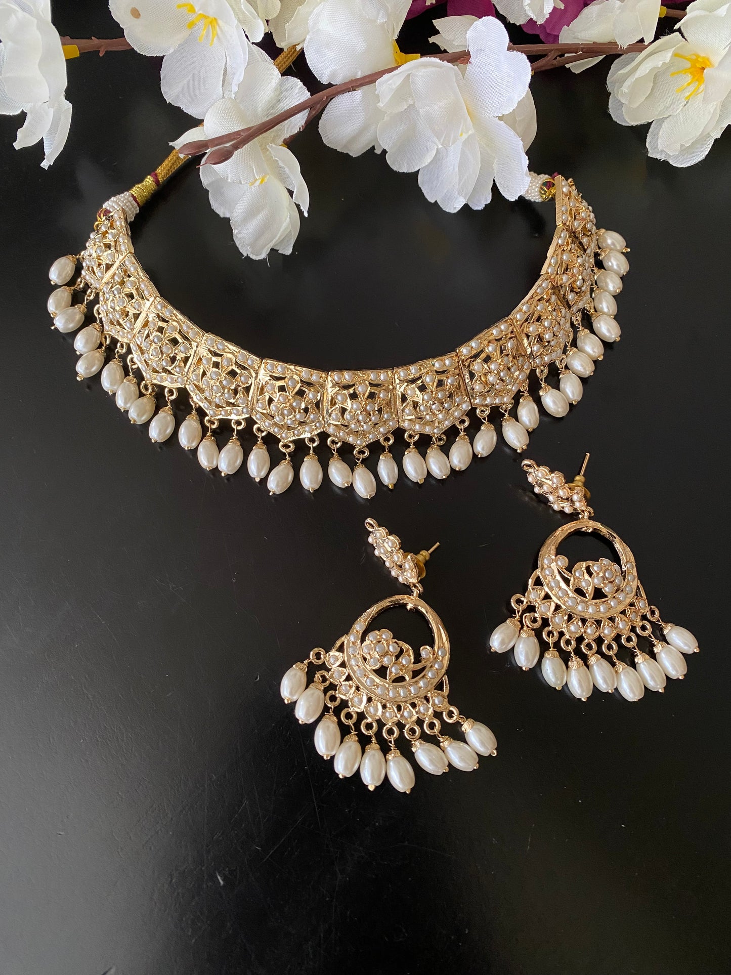 Amritsari Jadau Gold Plated Necklace set in Pearl