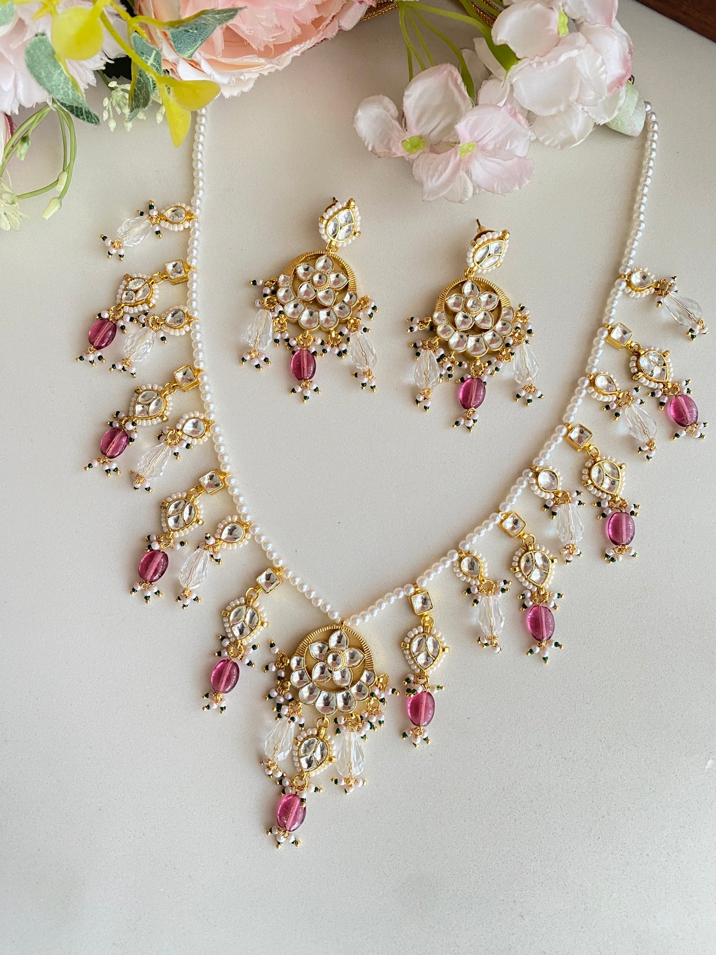 Kundan Gold plated Necklace Set in pink drops