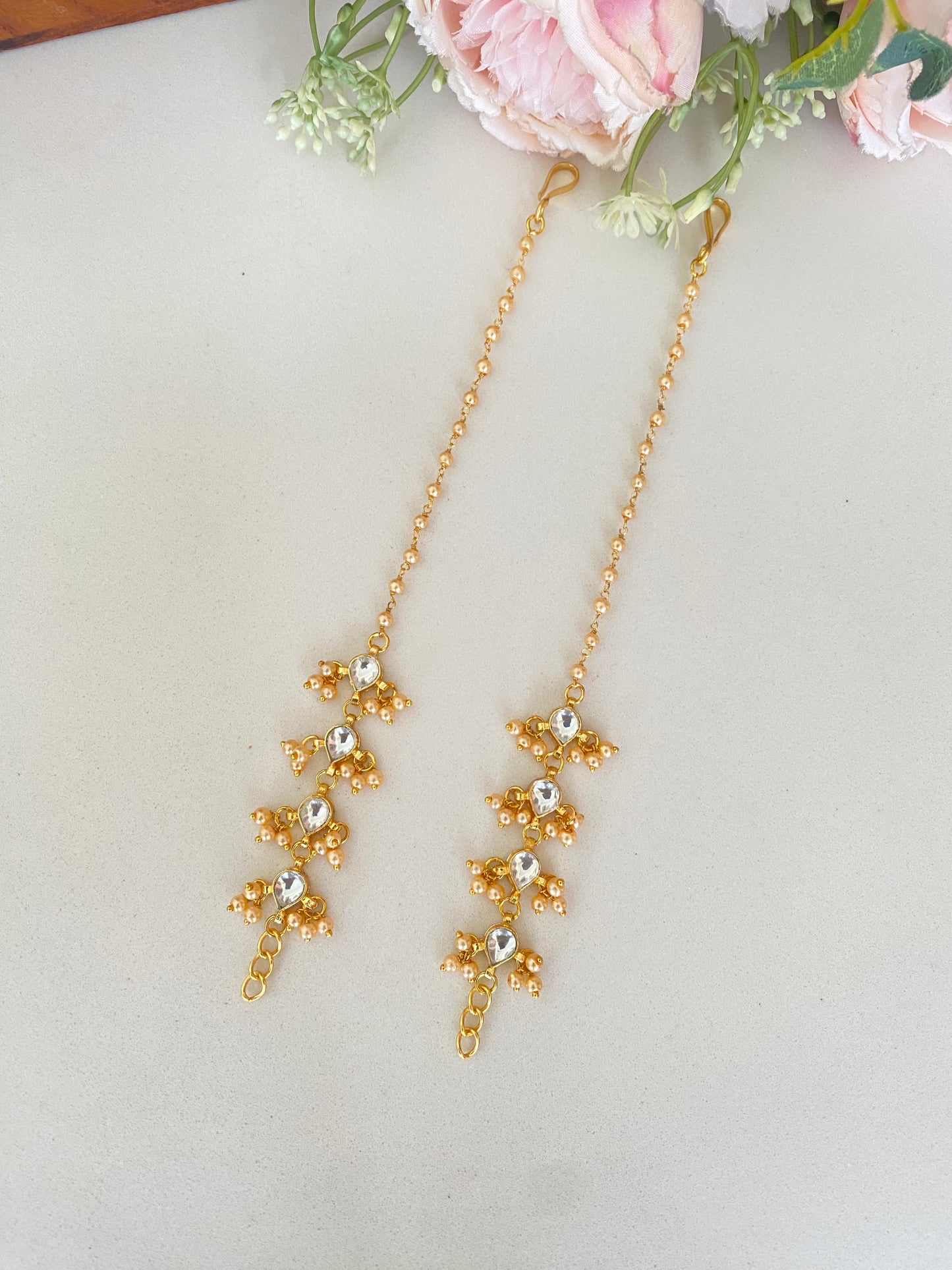 Gold plated Kundan Ear Chain in golden pearl