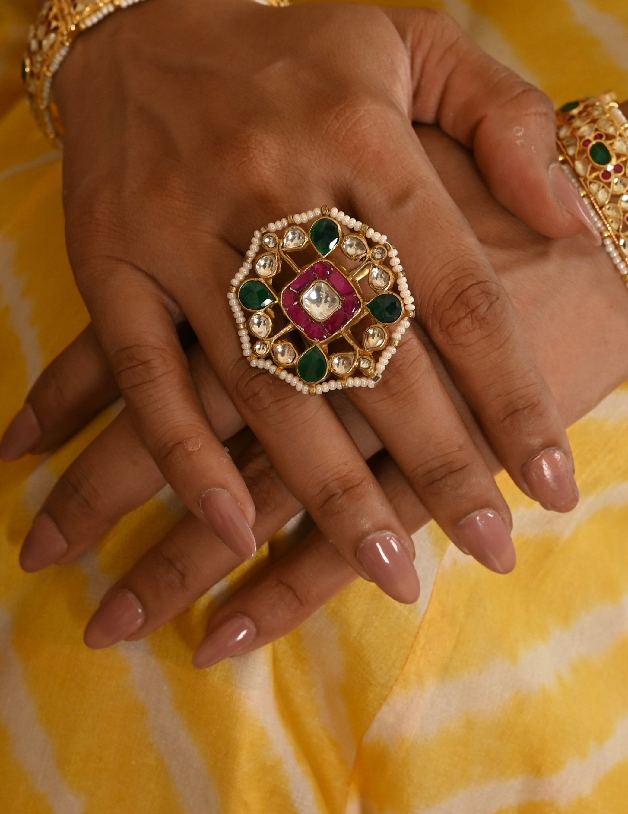 Pink and green Kundan Ring