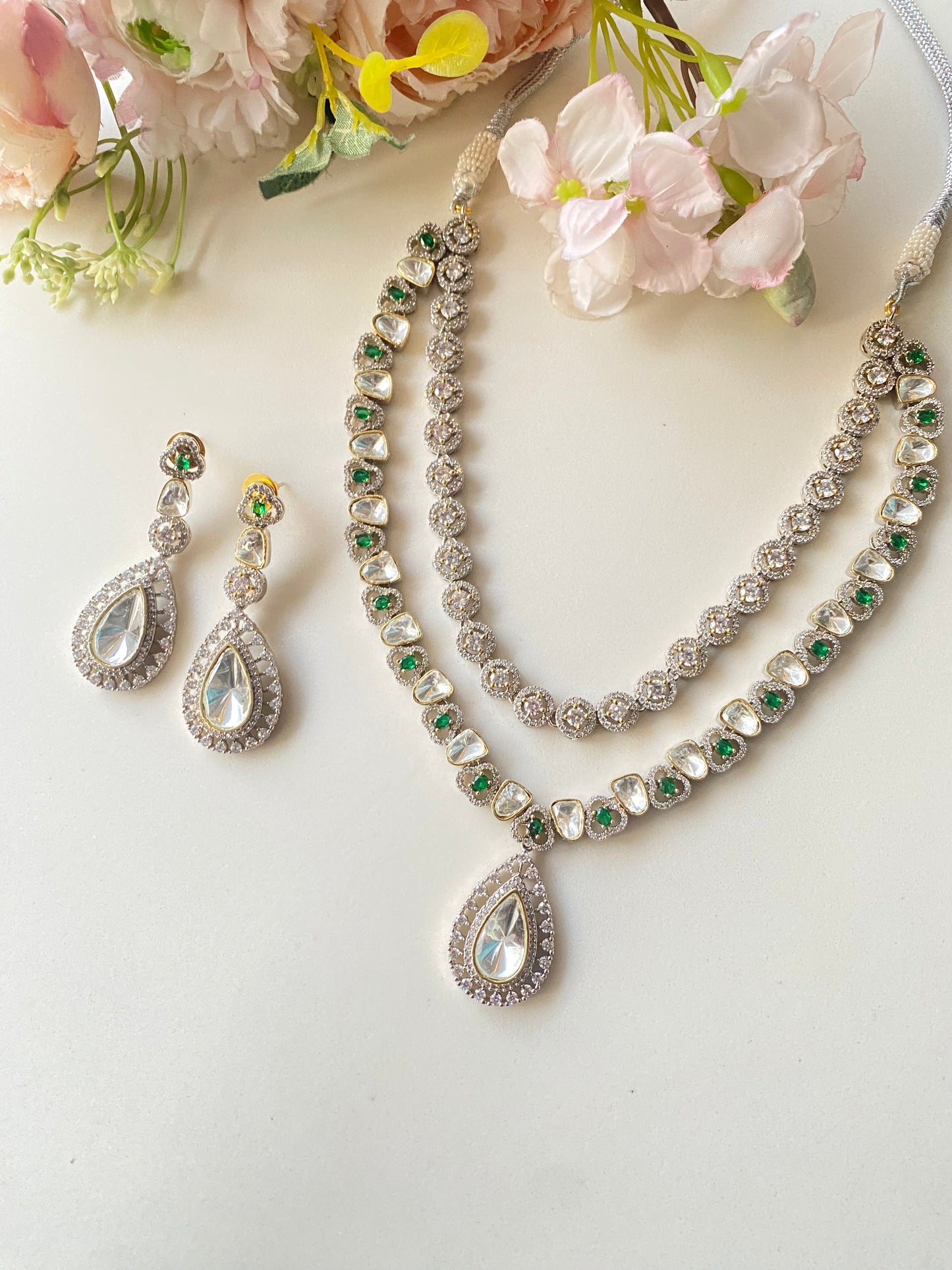 Silver Plated Emerald Diamond Necklace set