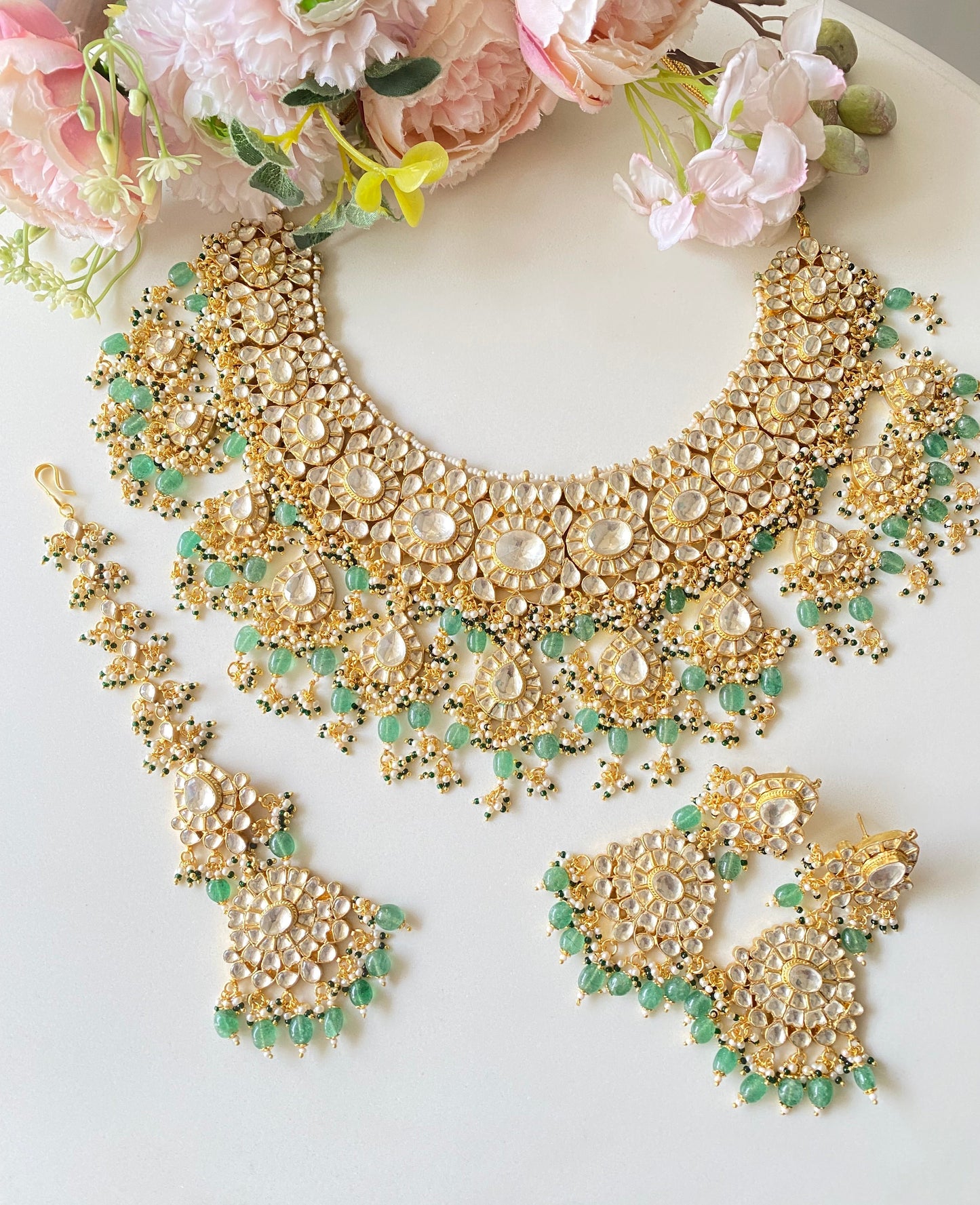 Kundan Bridal Necklace Set in Green drops