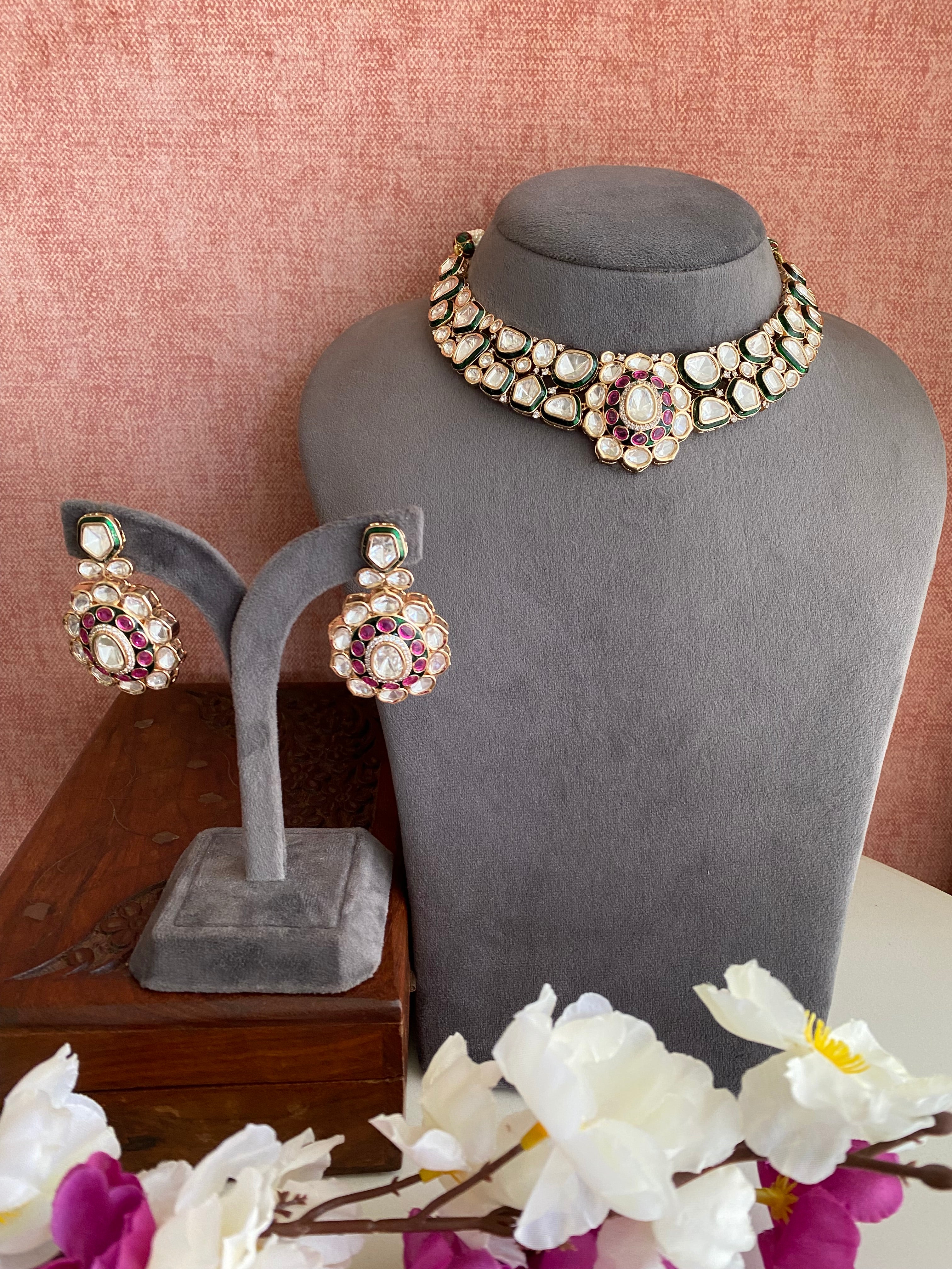 Faux Polki Pink Necklace Set