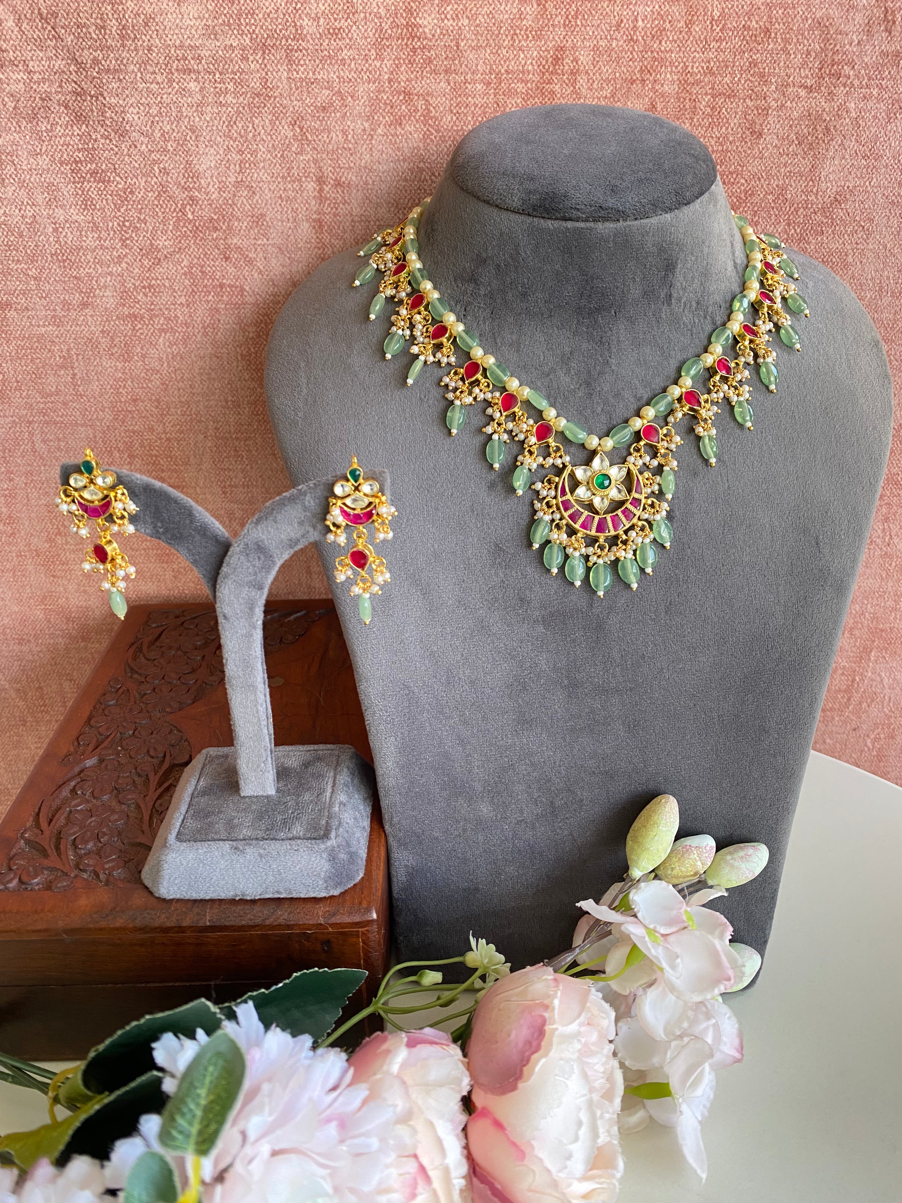 Pink Kundan choker set in mint drops