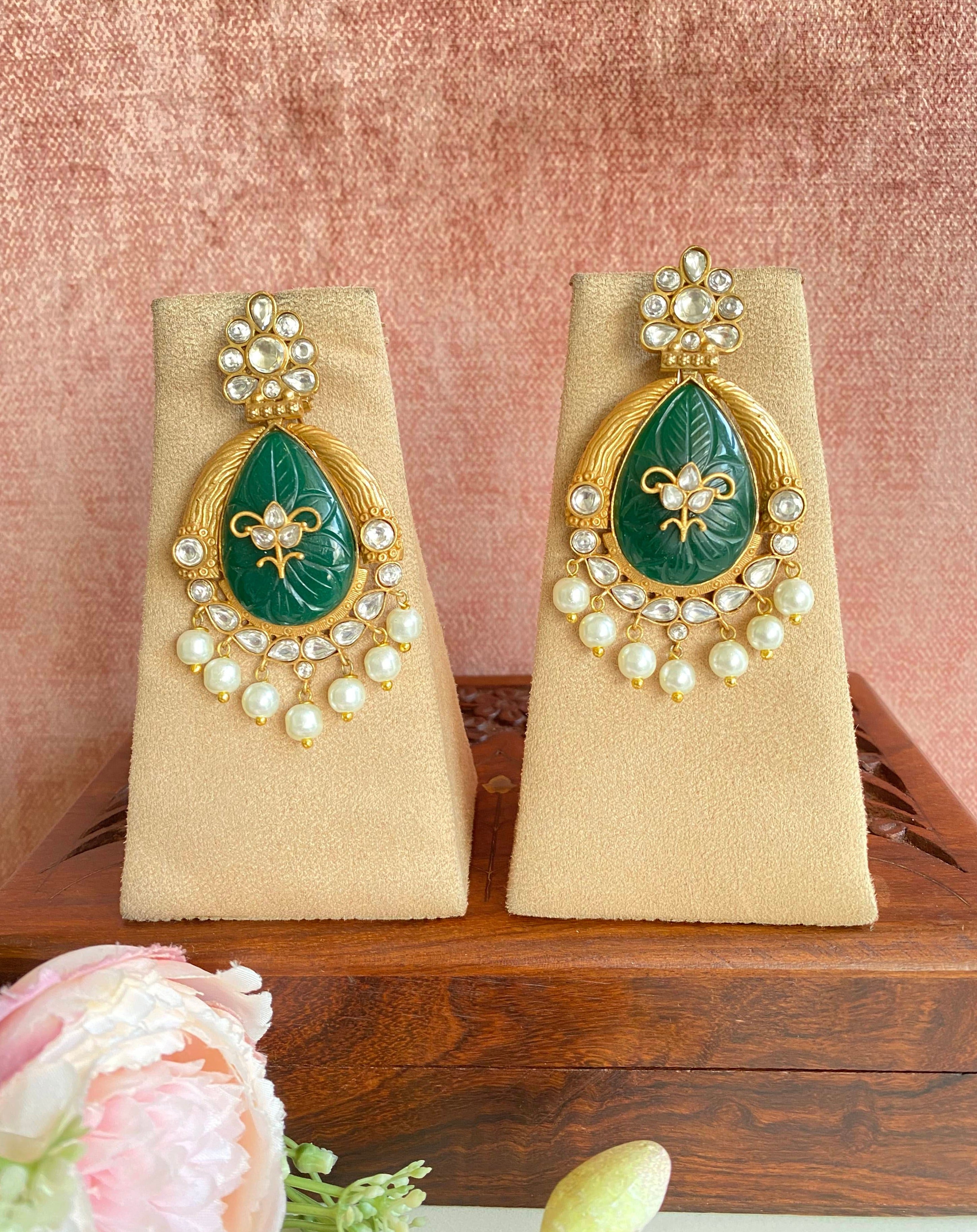 Gold Plated Green Stone Earrings