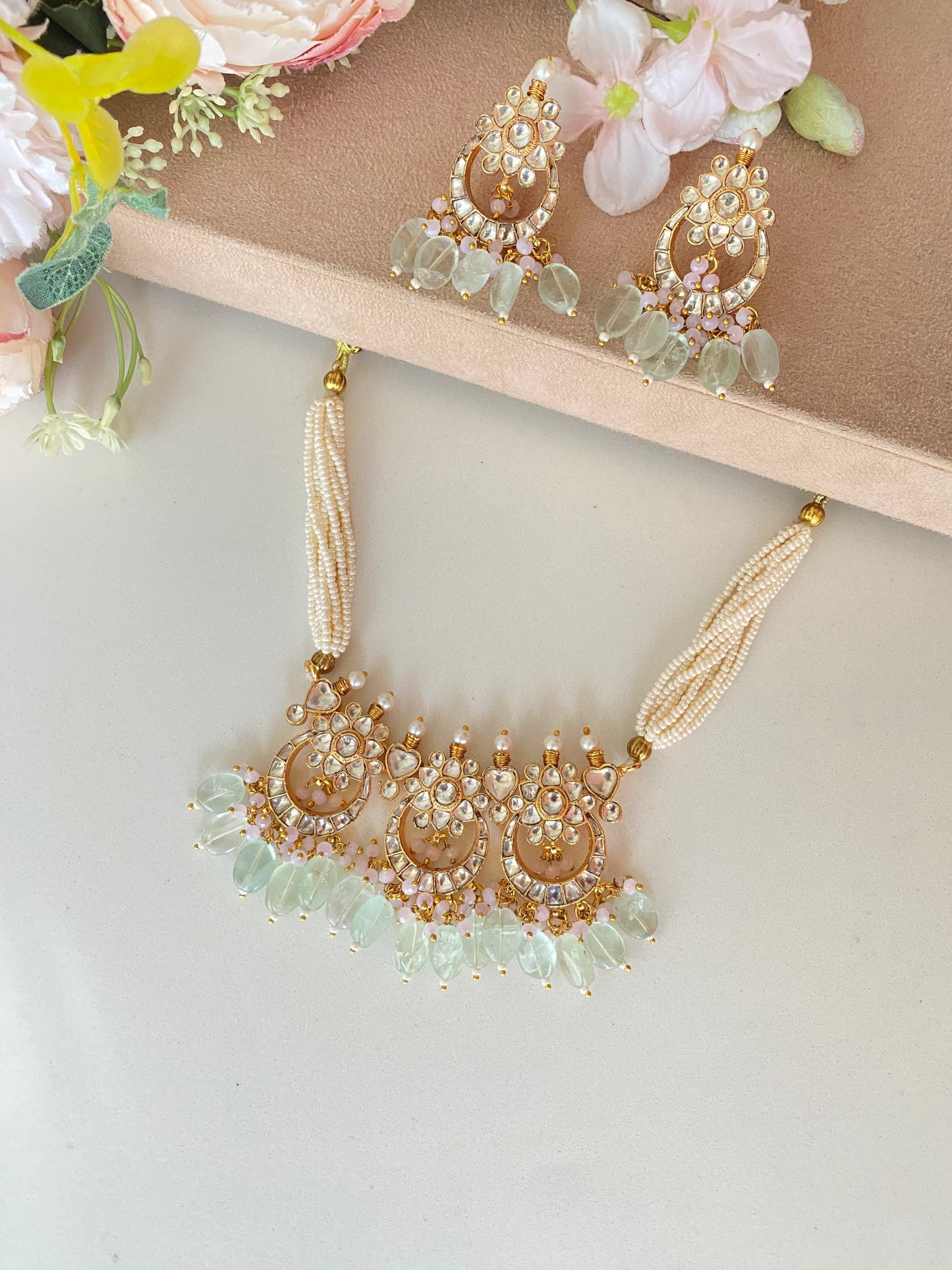 Kundan choker set in mint drops