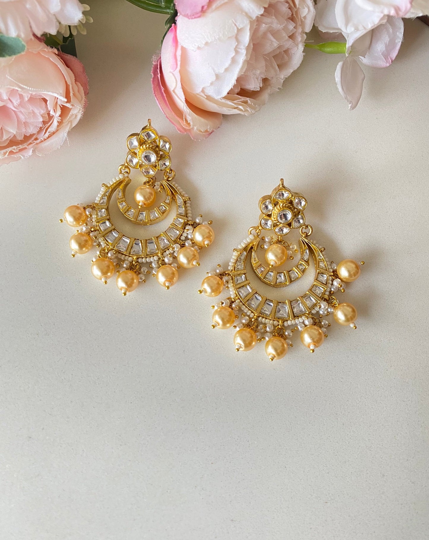 Gold plated Kundan Chandbaali in Pearl