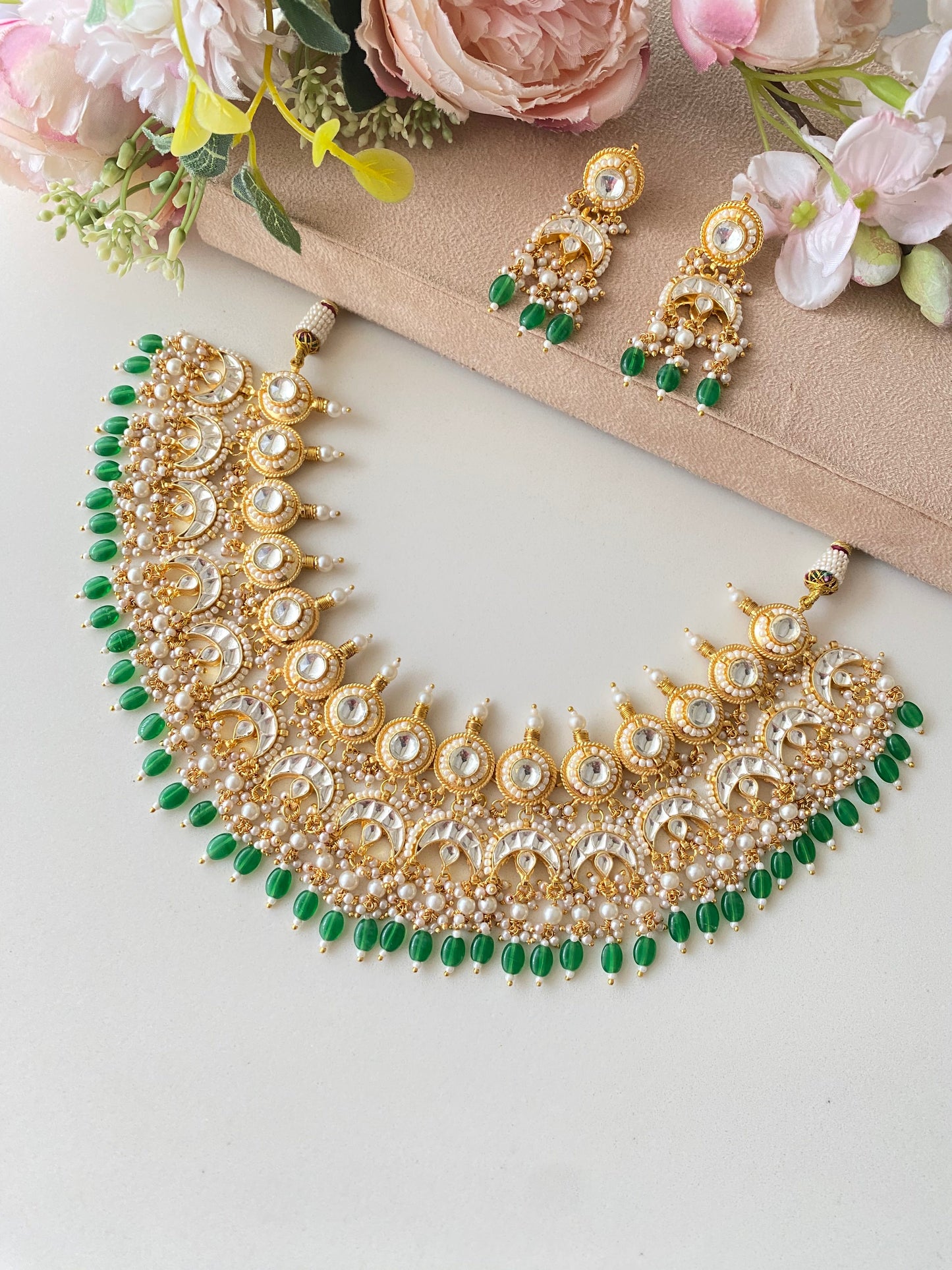 Kundan Bridal Necklace Set in Green drops