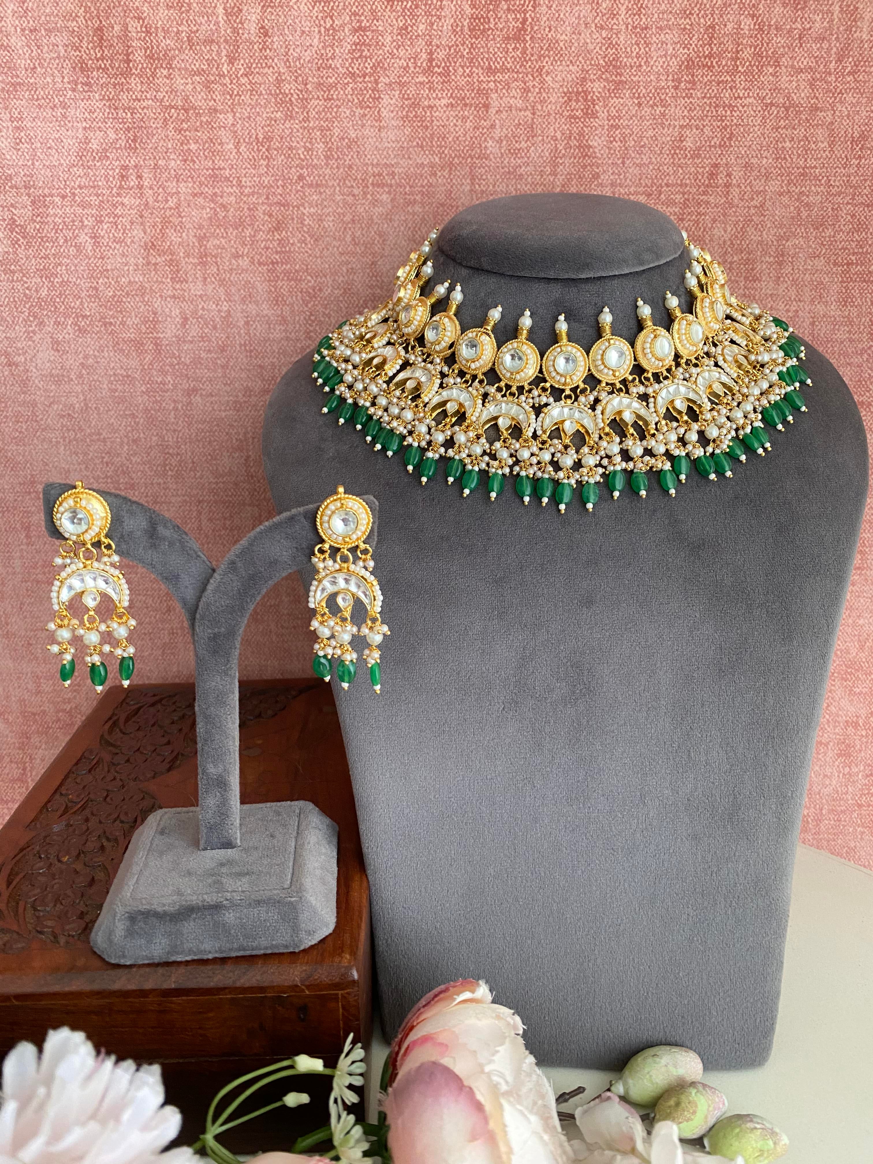 Kundan Bridal Necklace Set in Green drops