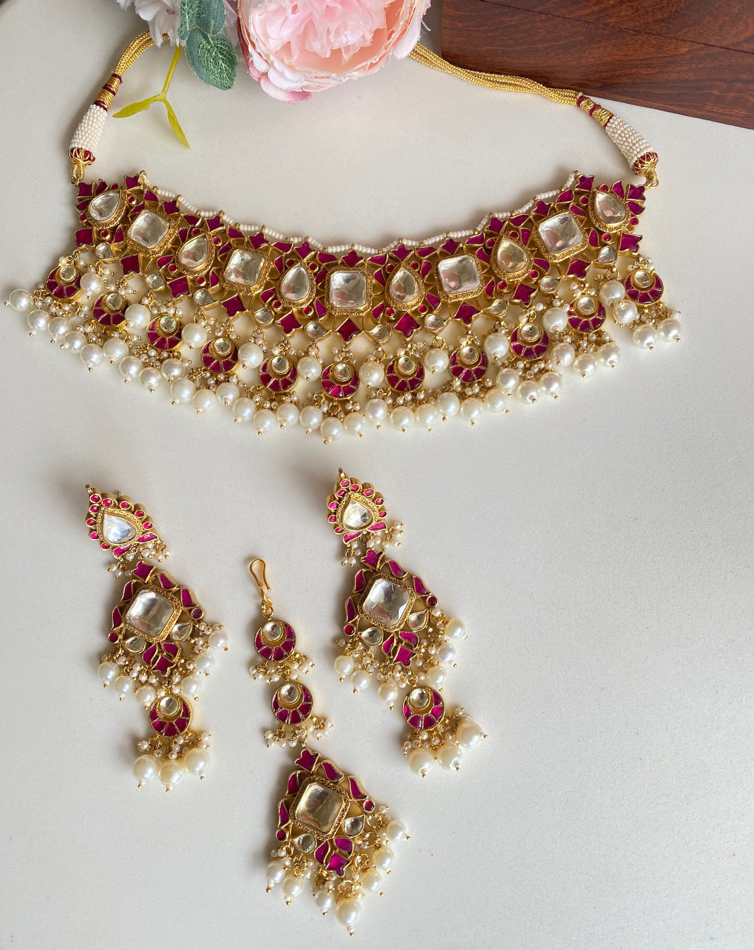 Pink kundan necklace set