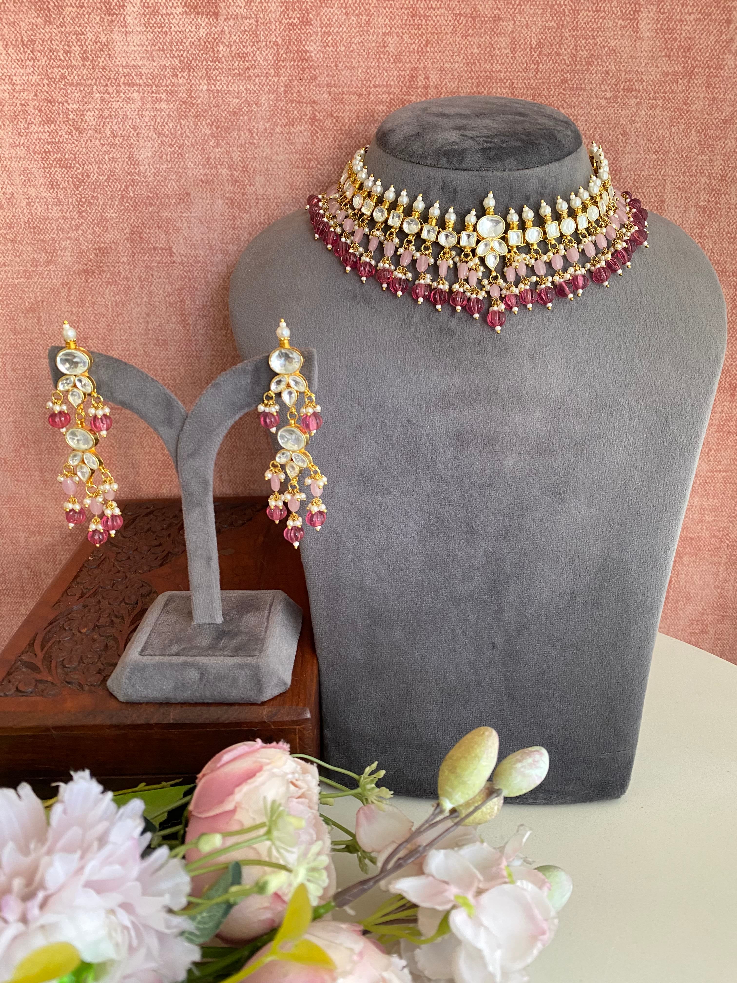 Kundan necklace set in Pink drops