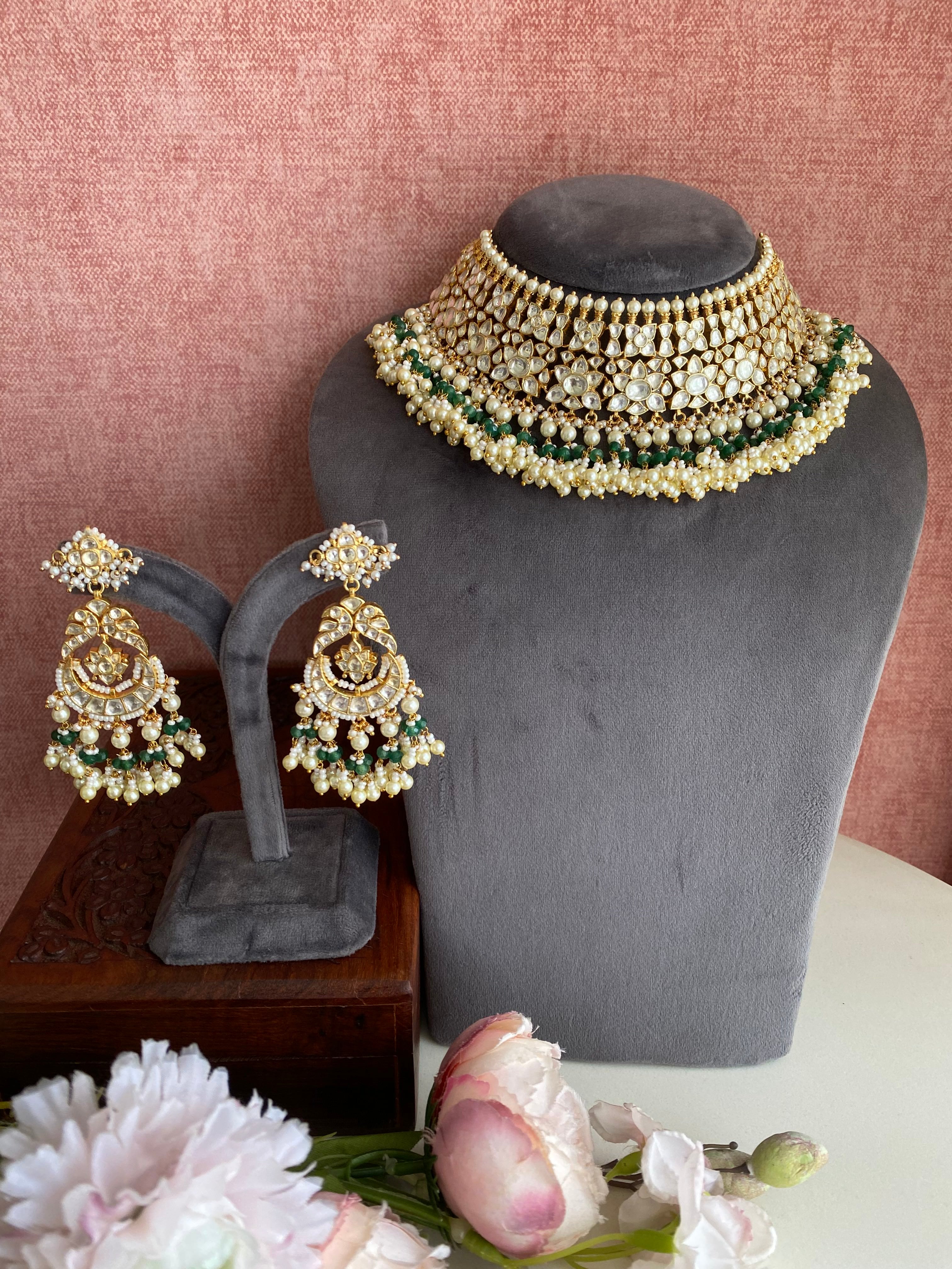 Kundan Necklace set in green drops