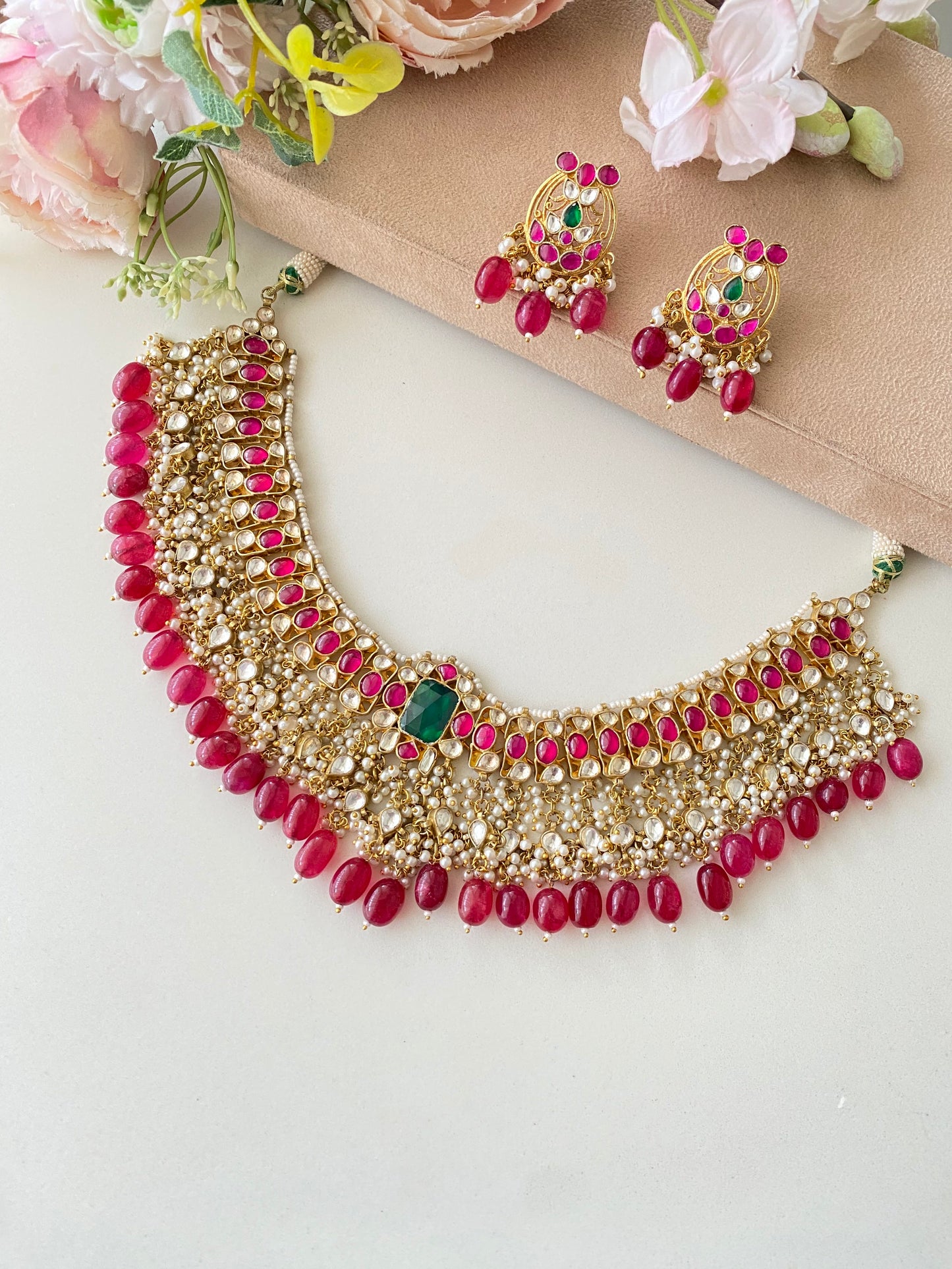 Kundan Necklace Set in pink drops