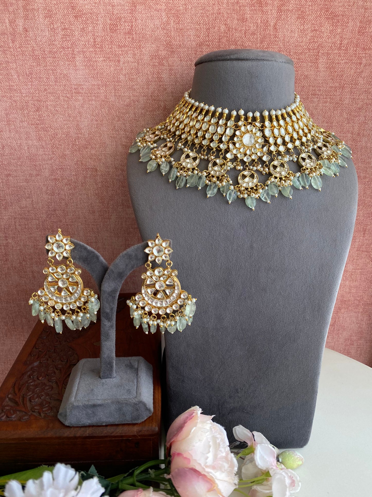 Kundan Gold plated Necklace Set with Mint Drops