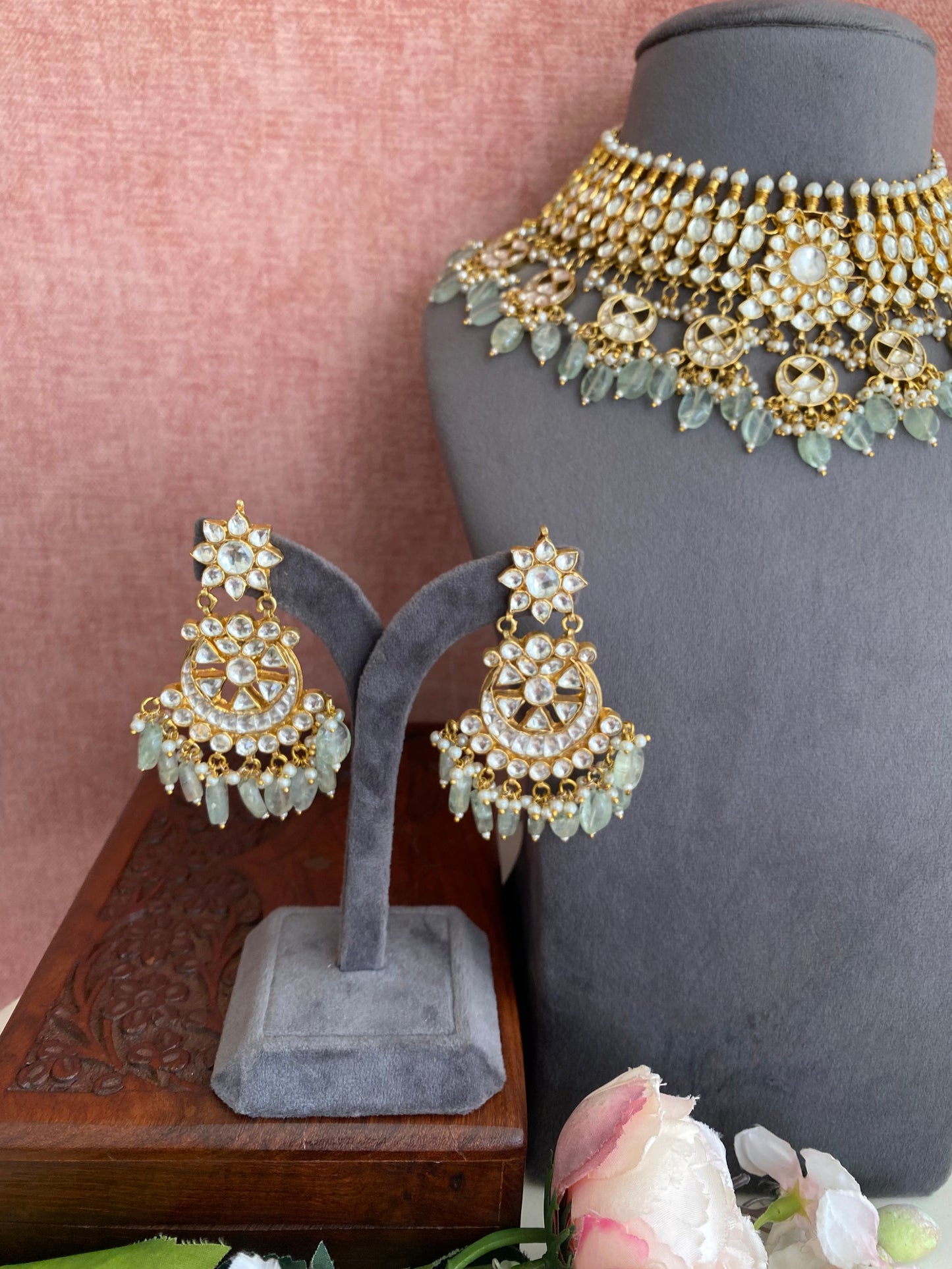 Kundan Necklace Set with Mint Drops