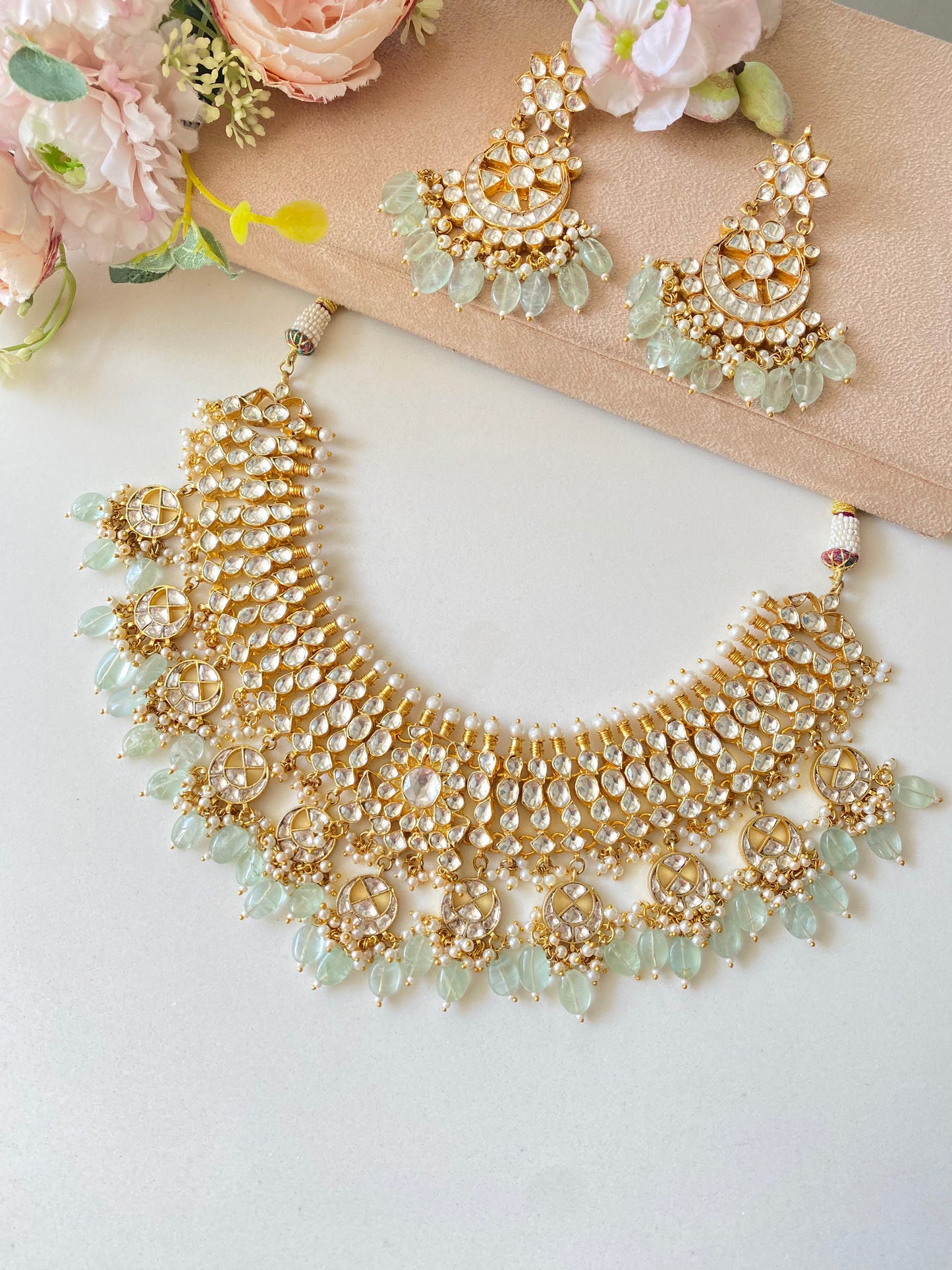 Kundan Gold plated Necklace Set with Mint Drops