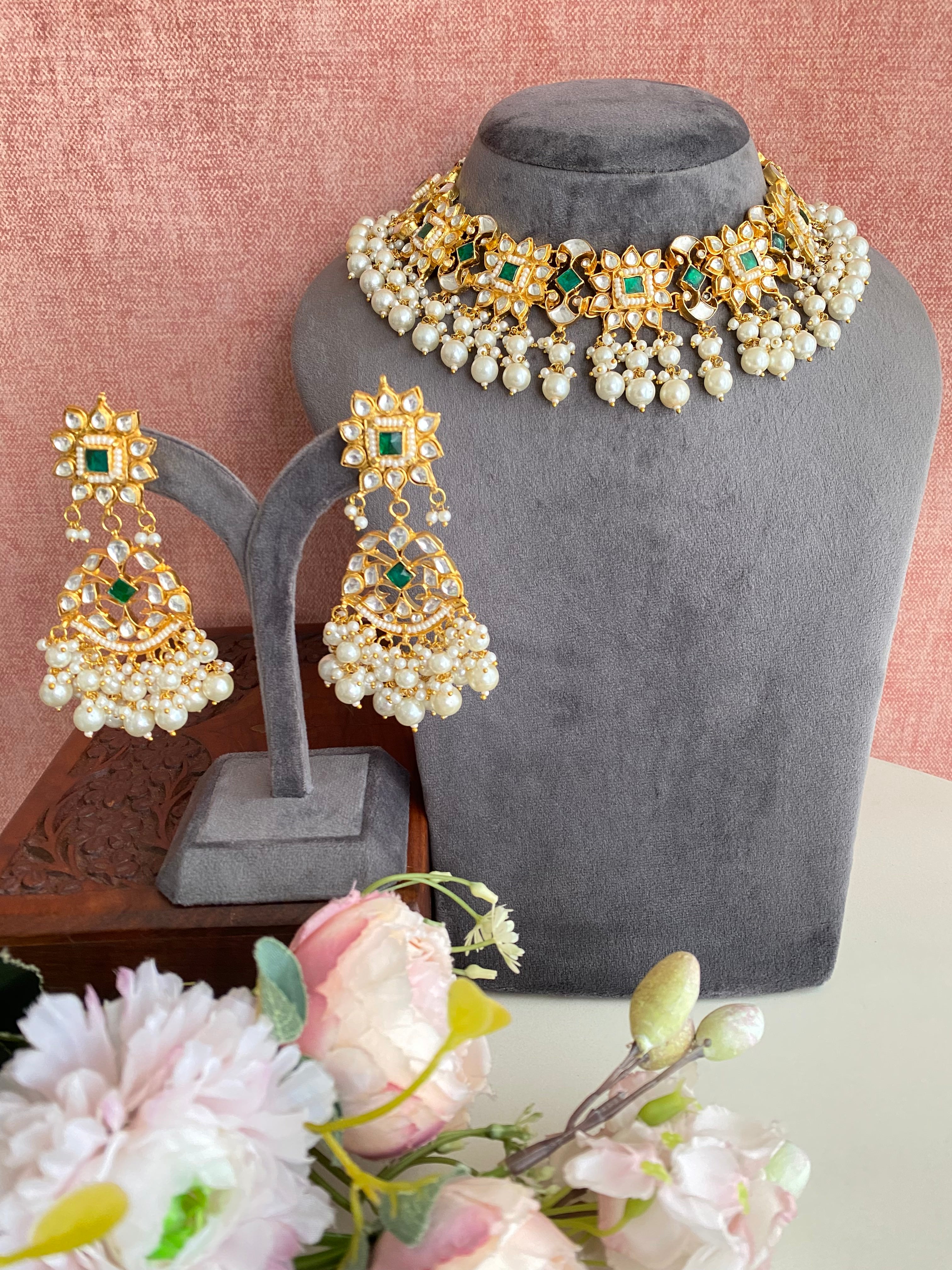 Green Kundan Necklace Set in Pearl drops