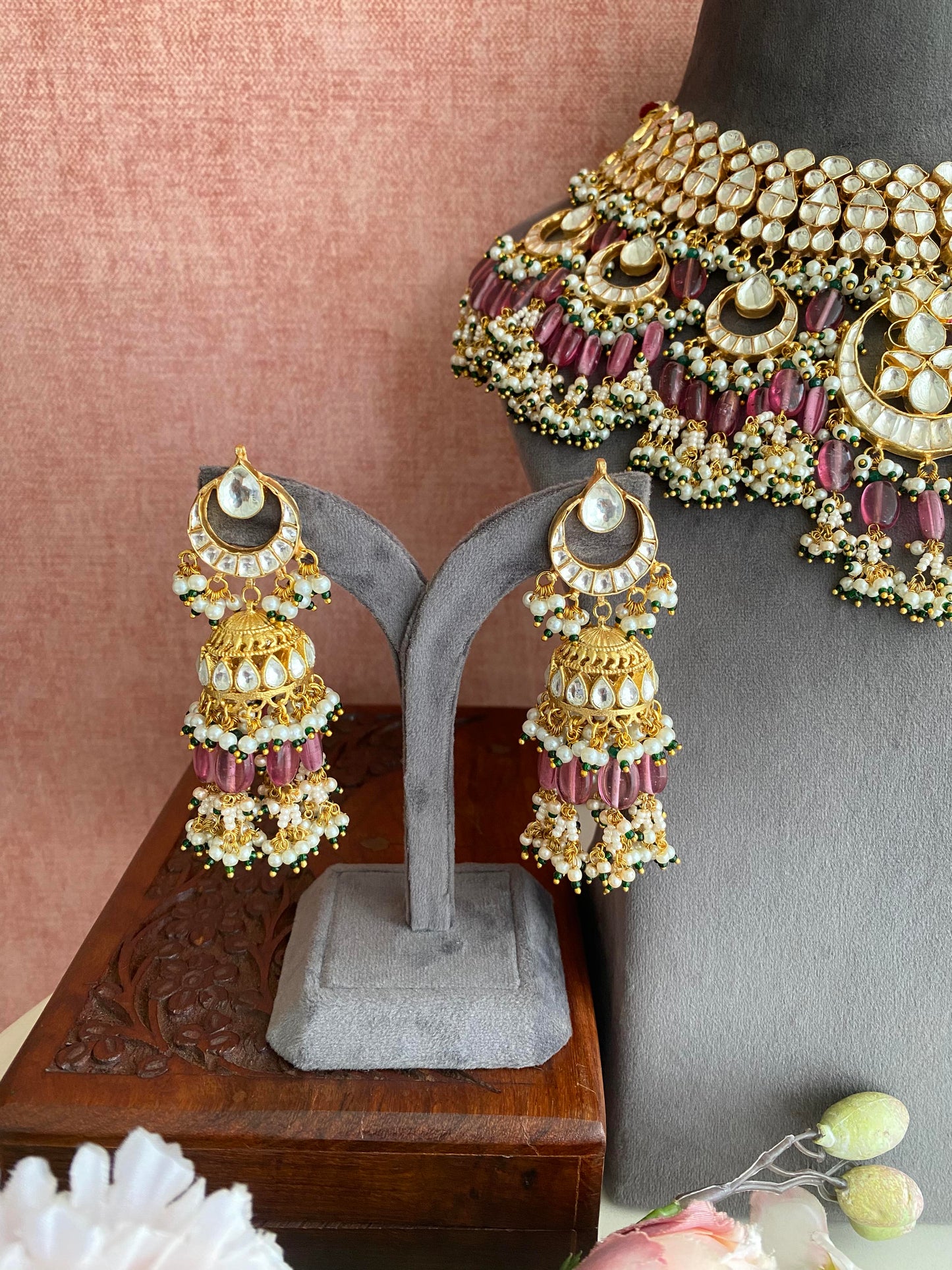 Kundan Bridal Necklace set in Pink Drops