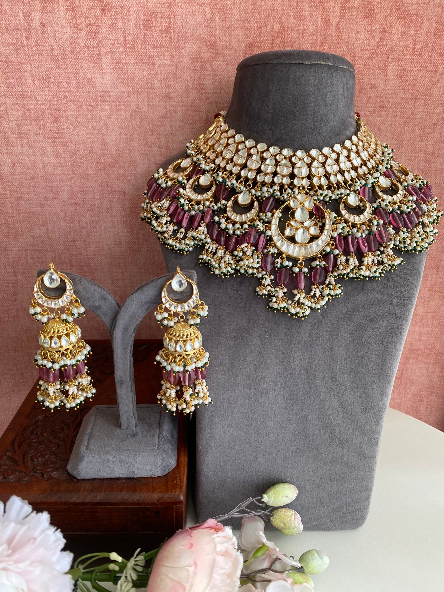 Kundan Bridal Necklace set in Pink Drops