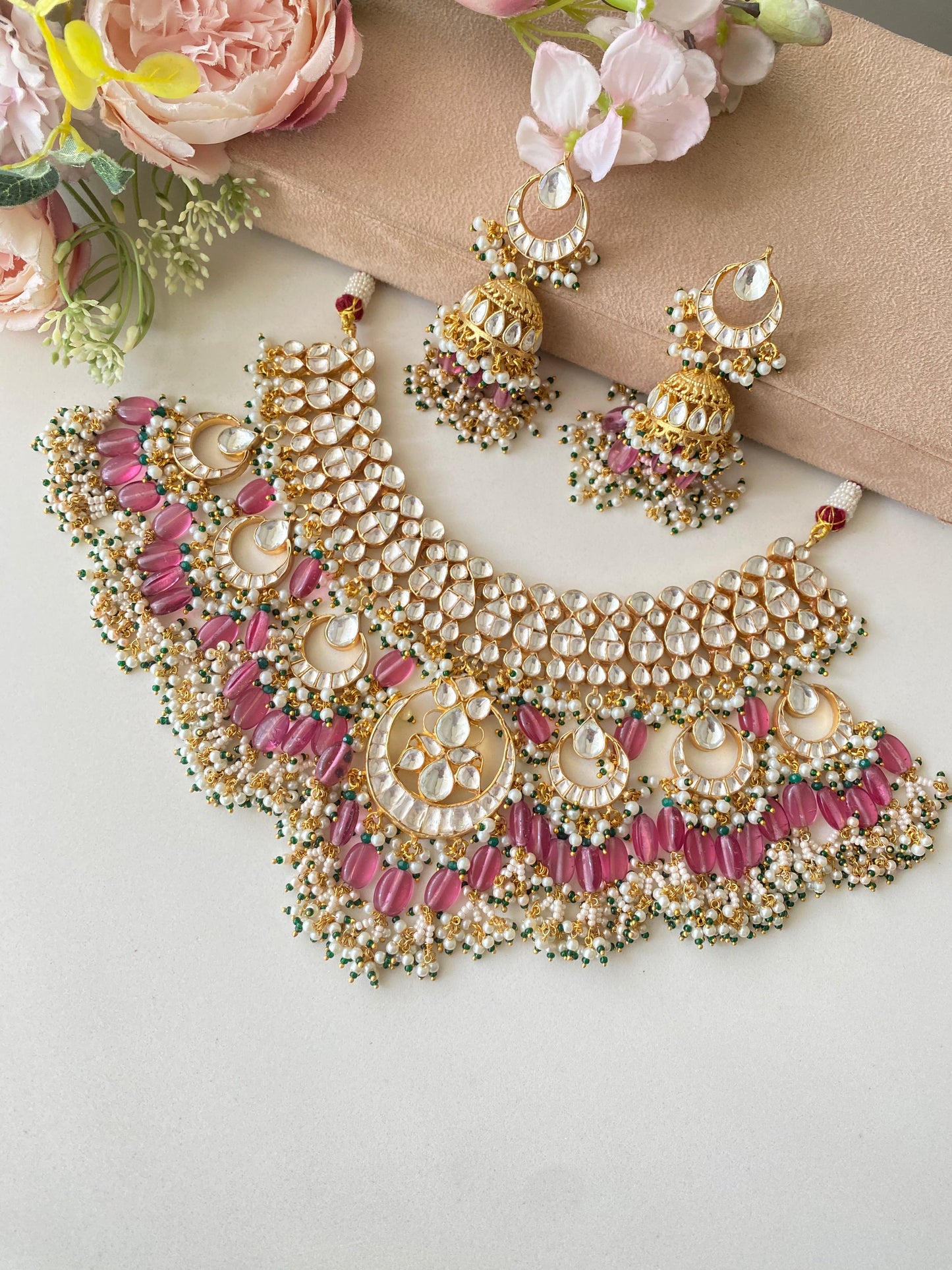 Kundan Bridal Necklace set in Pink Drops