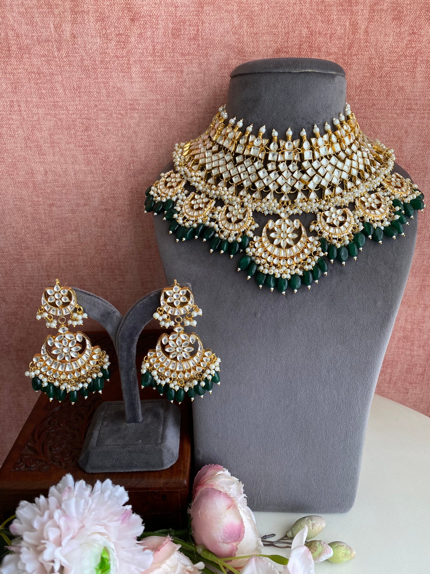 Kundan Bridal Necklace set in green drops