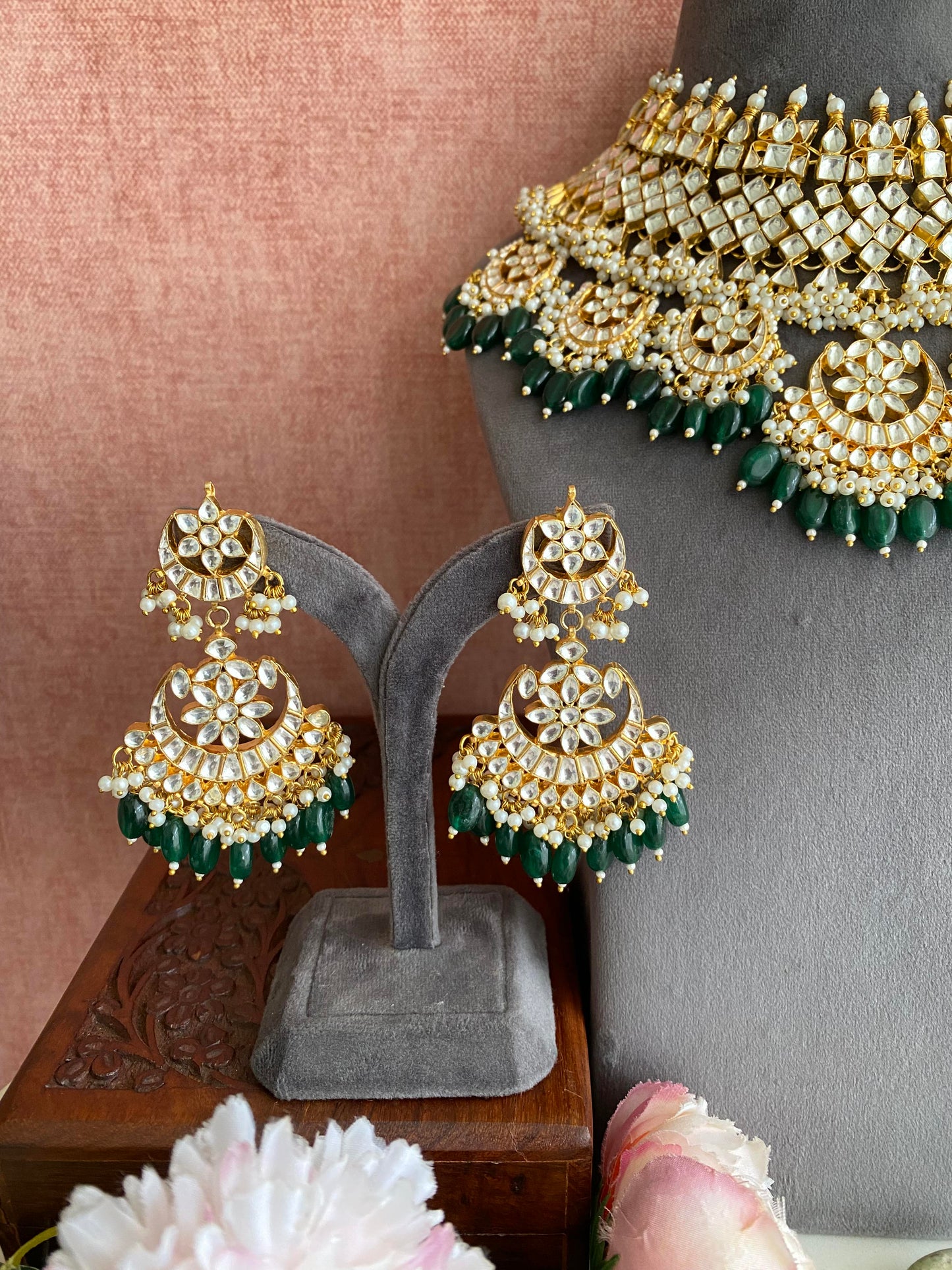 Kundan Bridal Necklace set in green drops